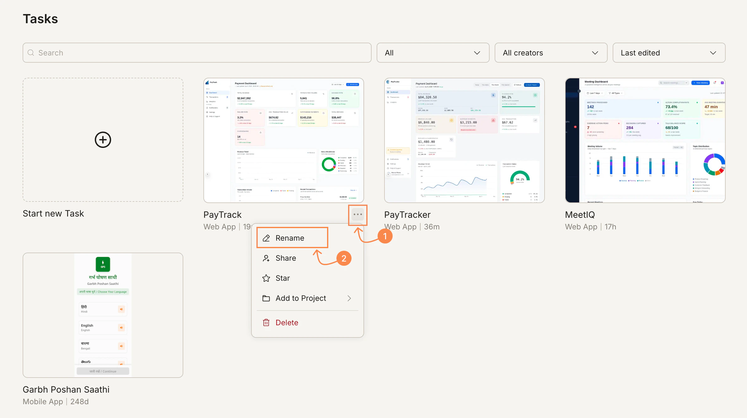 Tasks page with the ... menu open on a task, showing Rename highlighted.