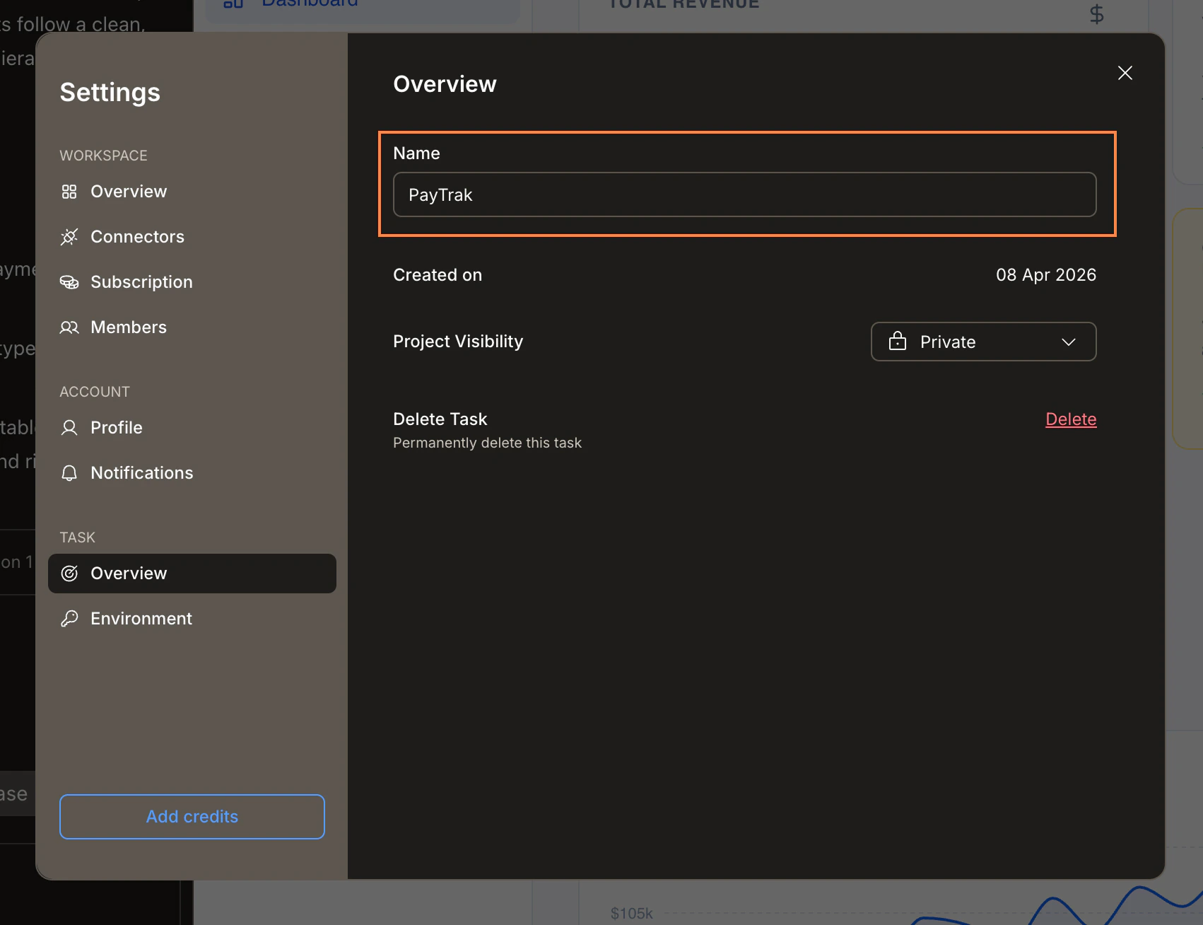 Settings panel showing the Task Overview section with the Name field highlighted.