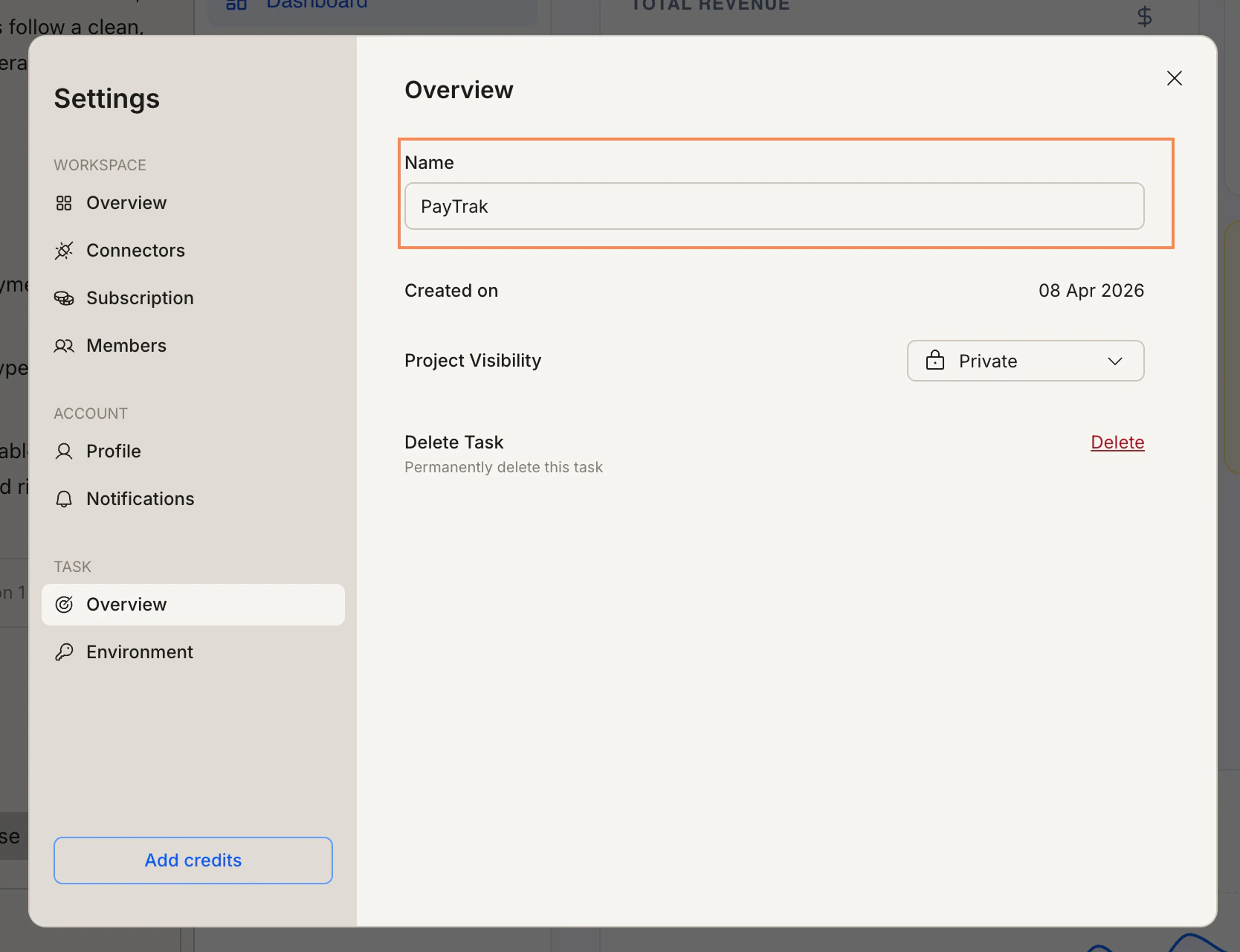 Settings panel showing the Task Overview section with the Name field highlighted.