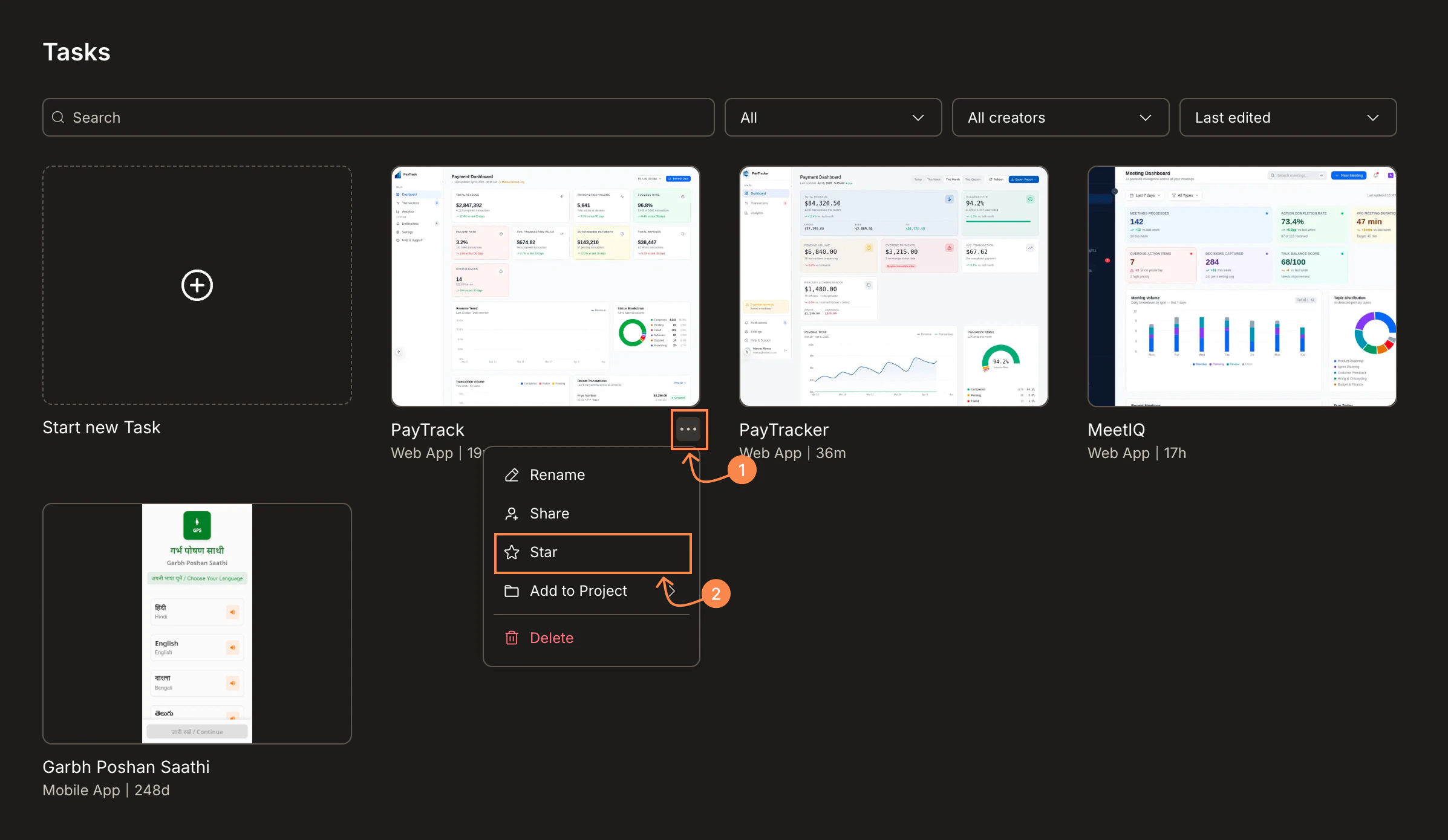 Tasks page with the ... menu open on a task, showing Star highlighted.