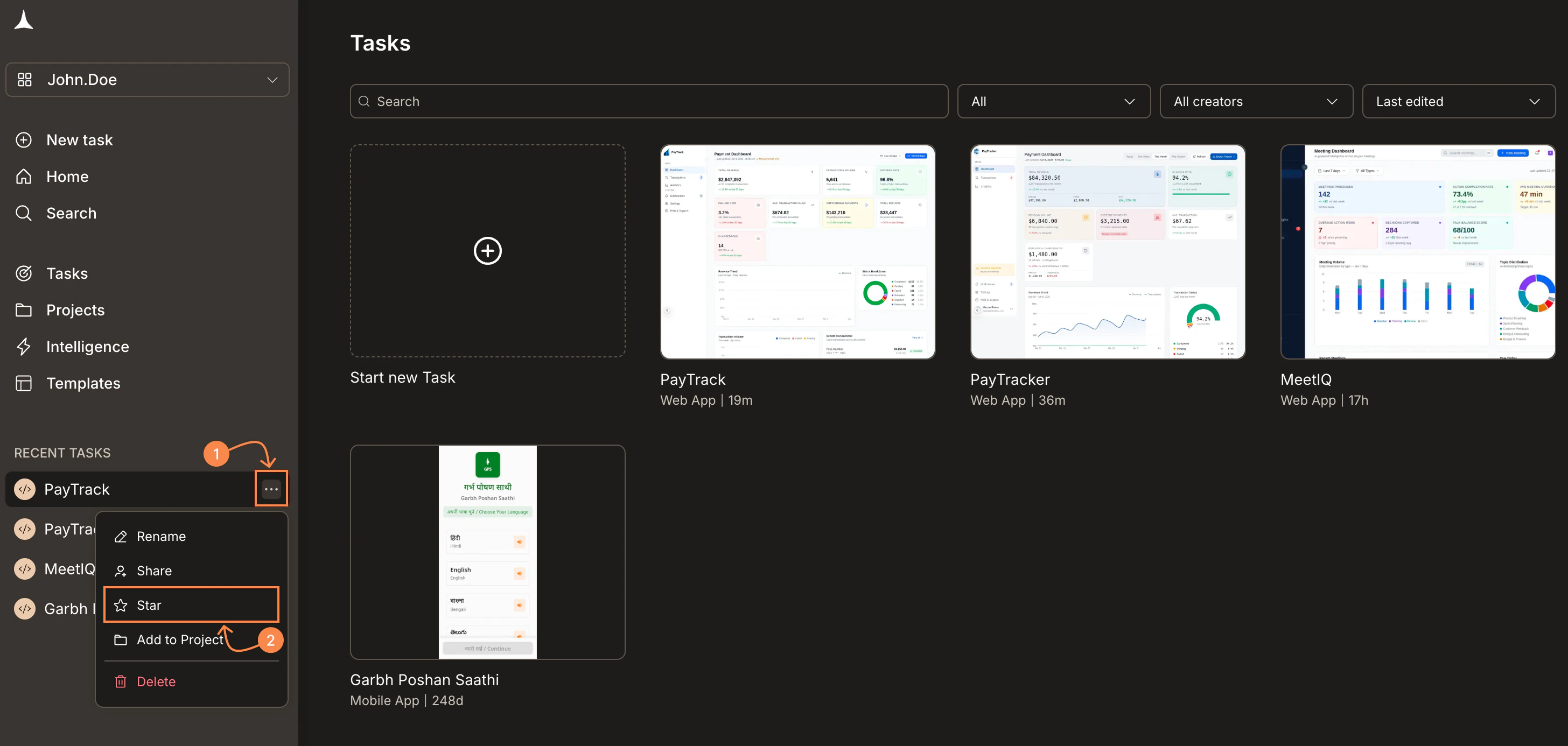 Sidebar with Recent Tasks showing the ... menu open with Star highlighted.