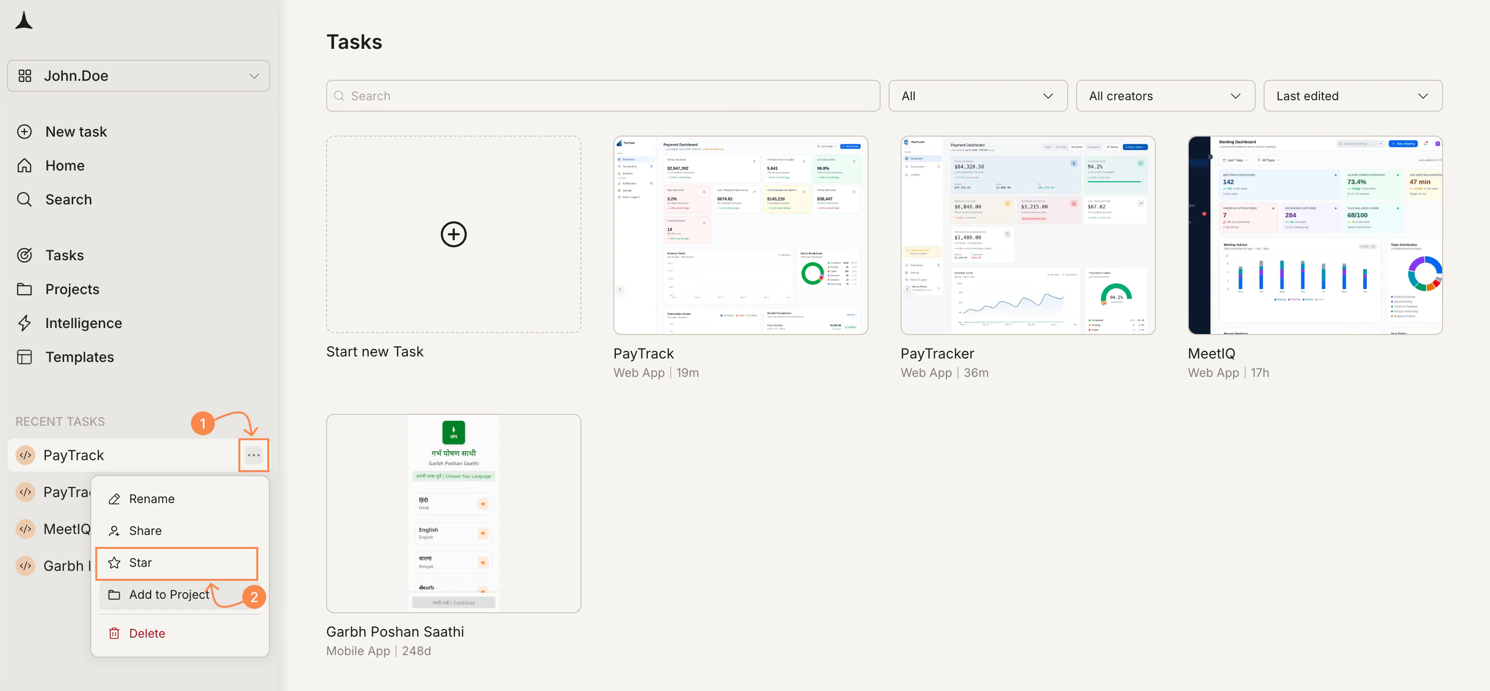 Sidebar with Recent Tasks showing the ... menu open with Star highlighted.