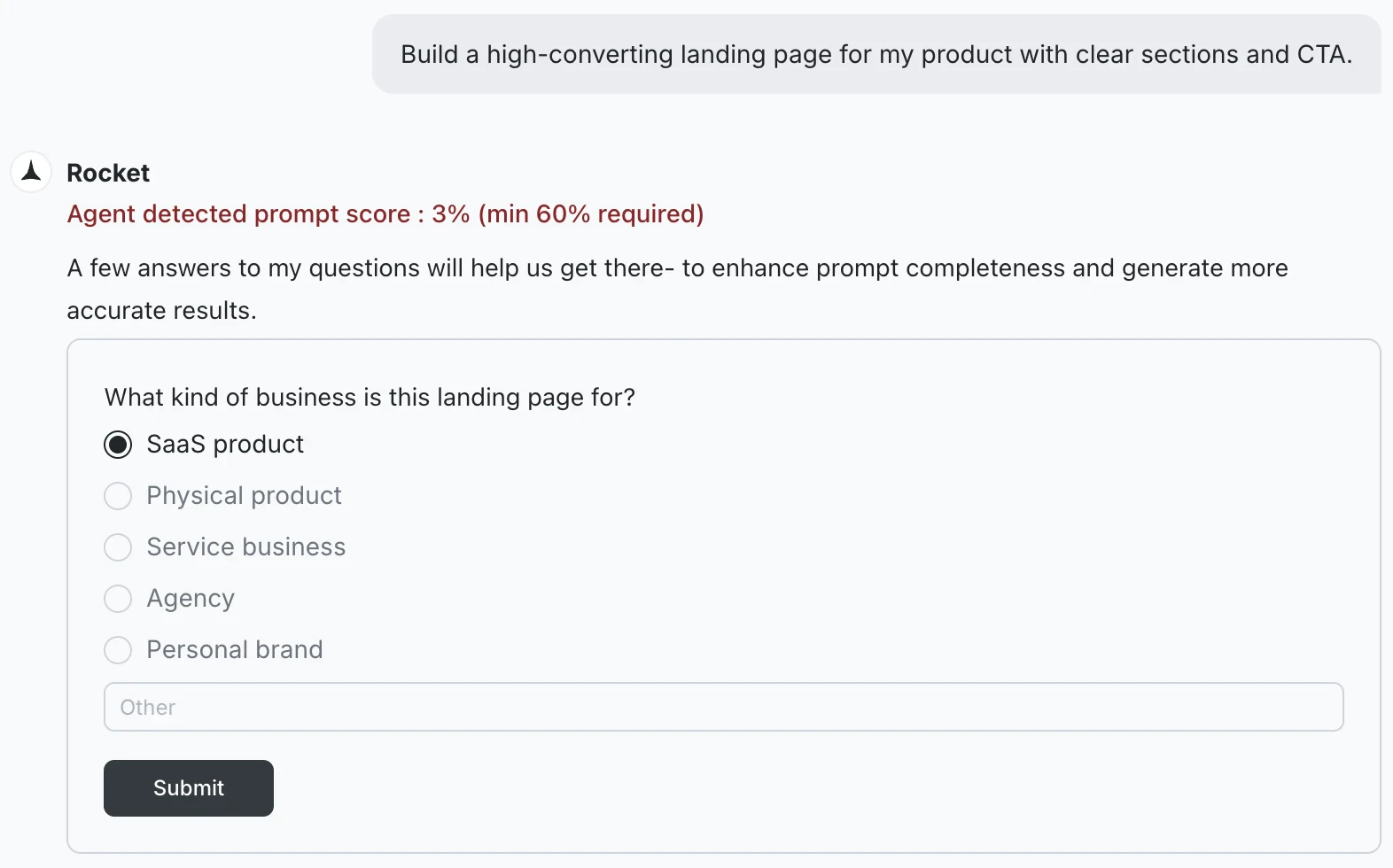 Prompt intelligence questions for a Build task