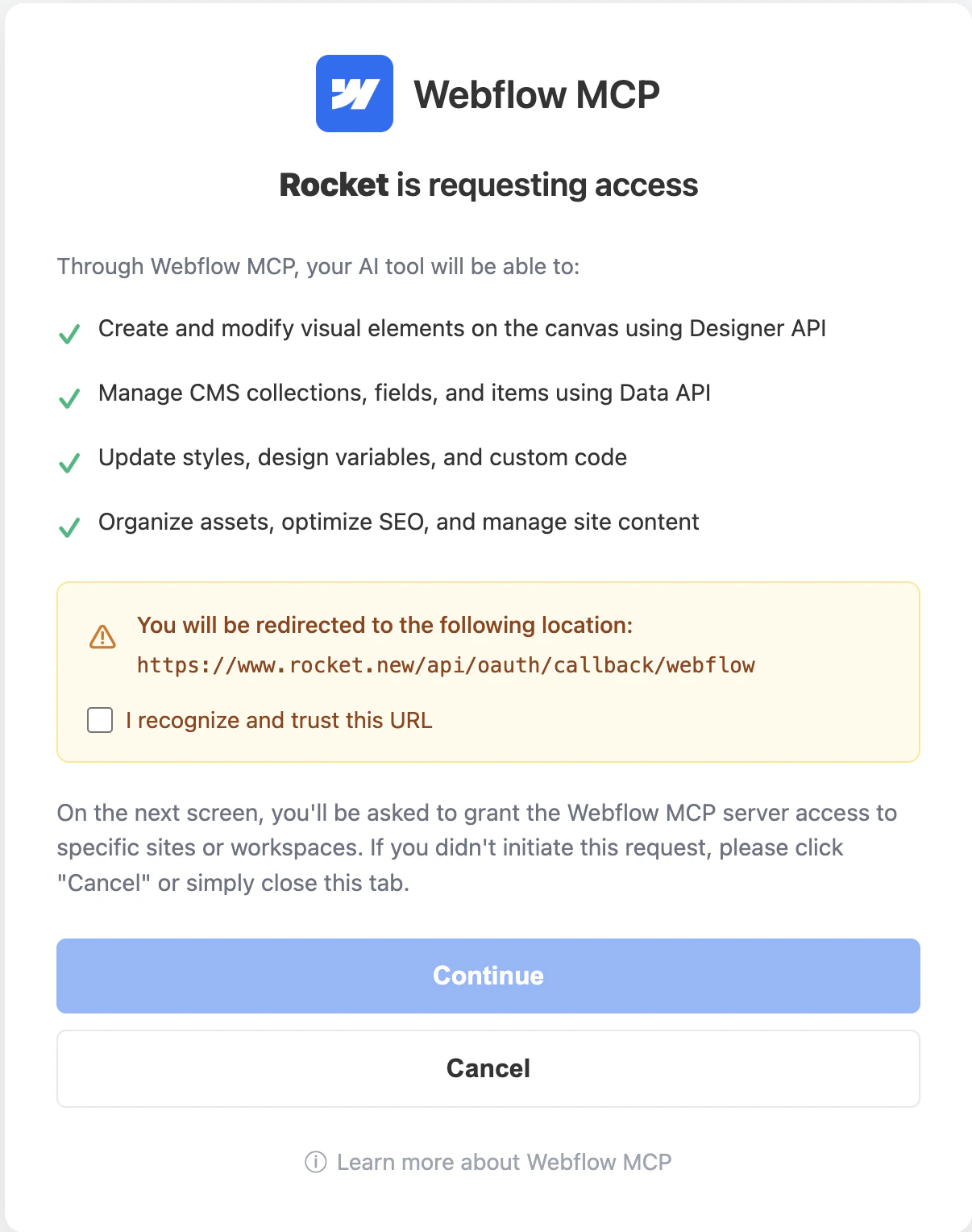 Webflow MCP screen showing Rocket is requesting access with a Continue button.