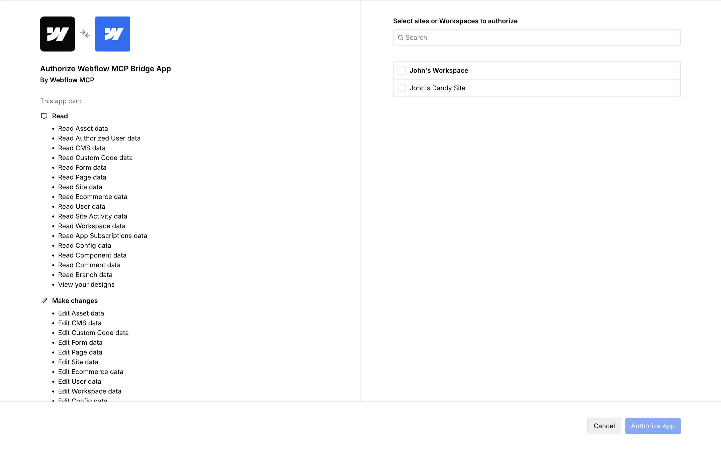 Webflow MCP Bridge App screen showing site and workspace selection.