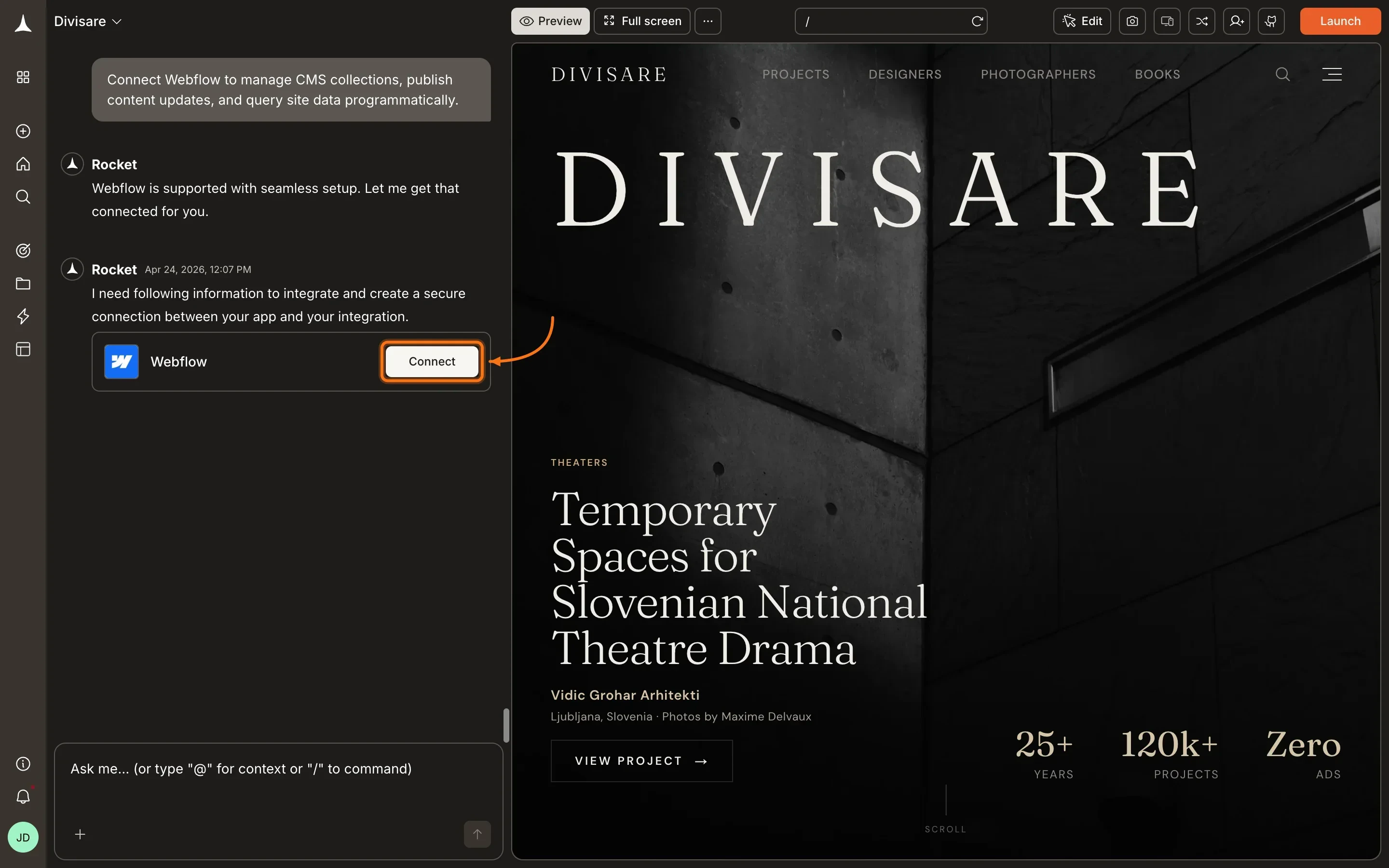 Chat showing a Connect button inline after a Webflow prompt.