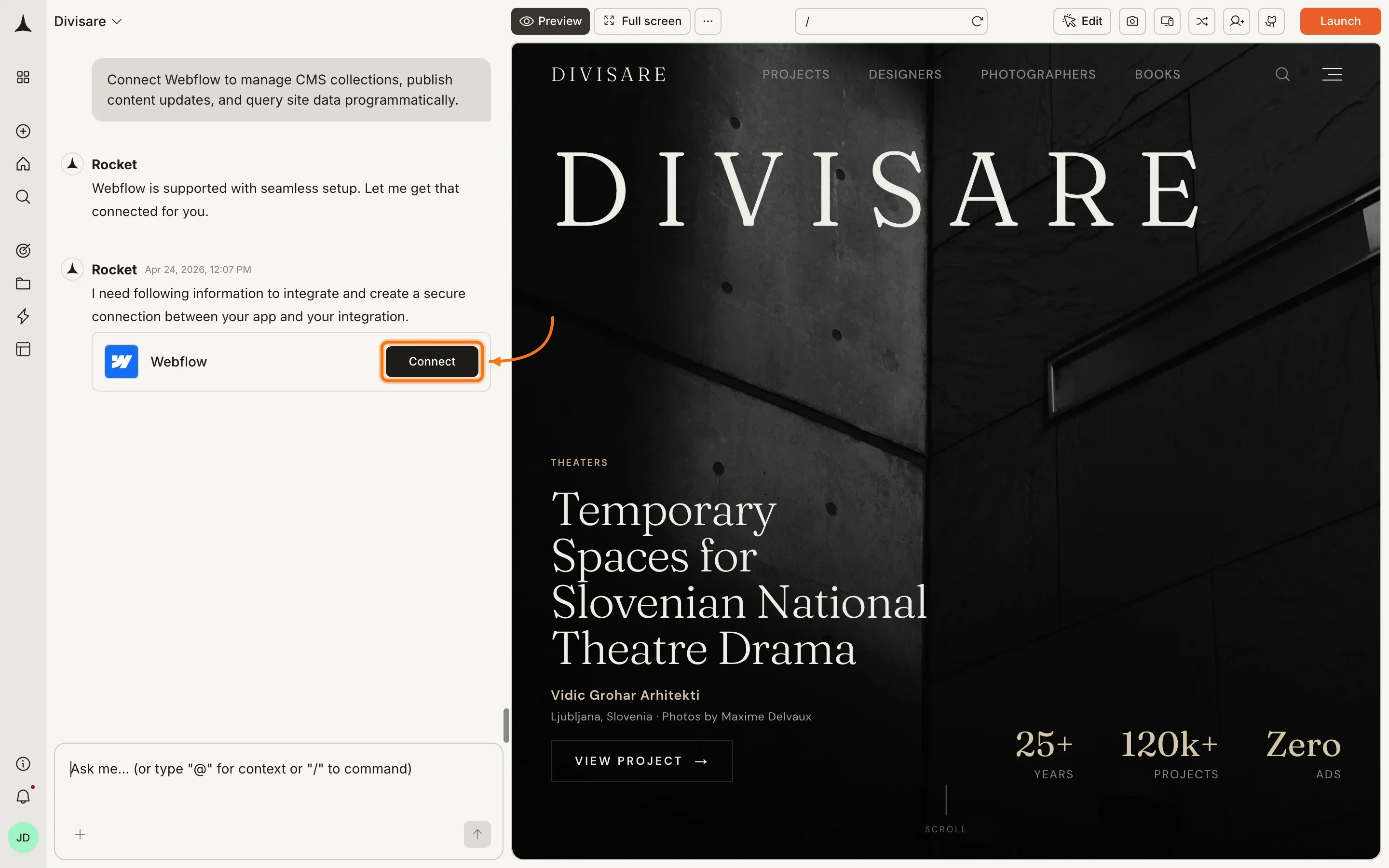 Chat showing a Connect button inline after a Webflow prompt.