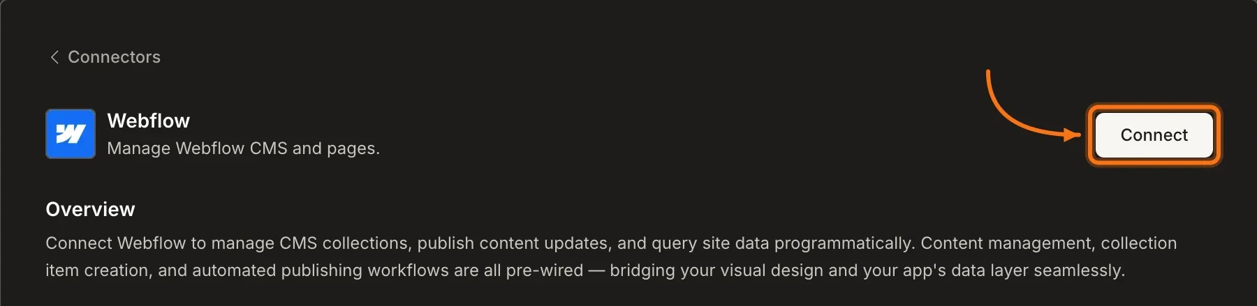 Connectors panel showing the Webflow card with a Connect with Webflow button.