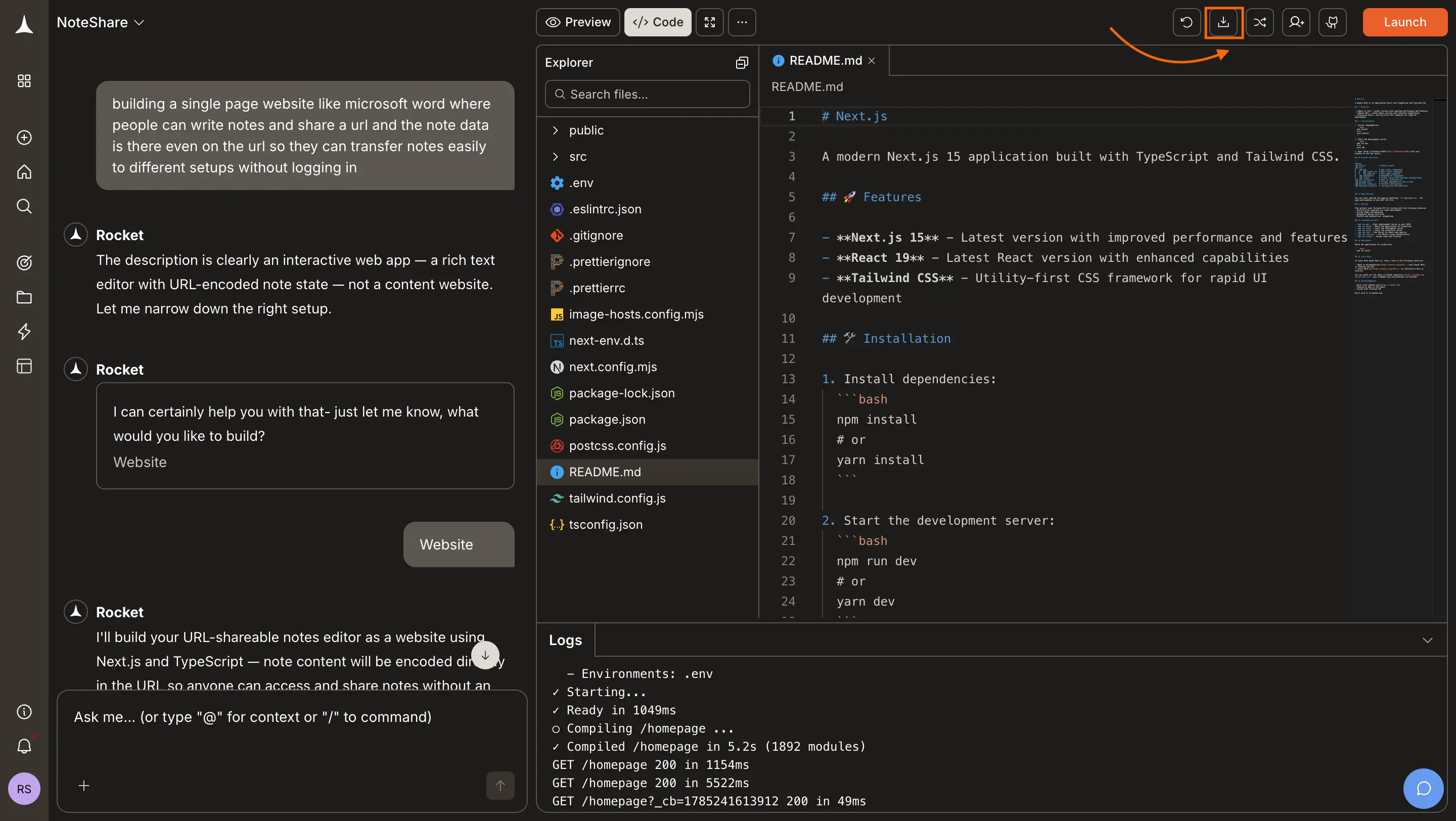 Rocket code editor showing download button in toolbar.
