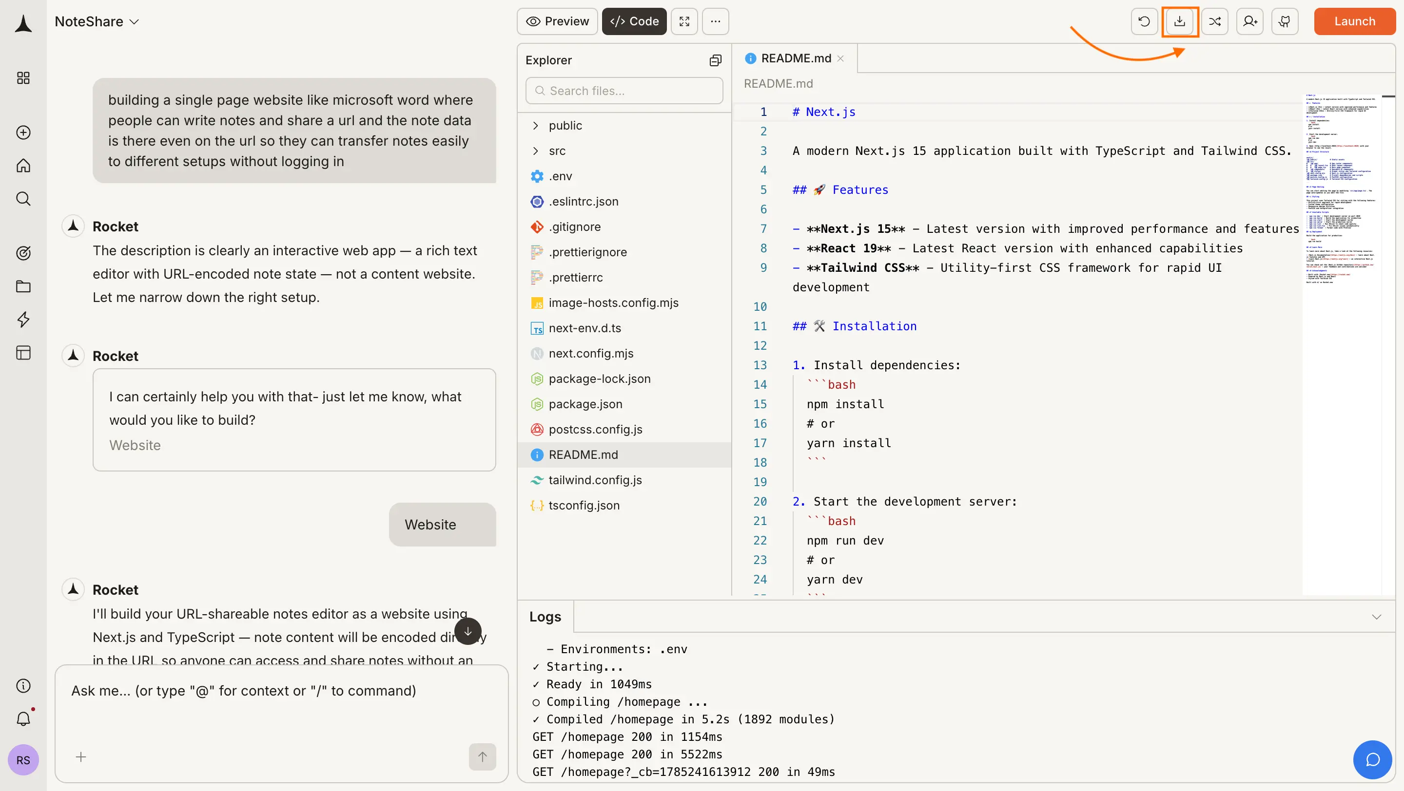 Rocket code editor showing download button in toolbar.