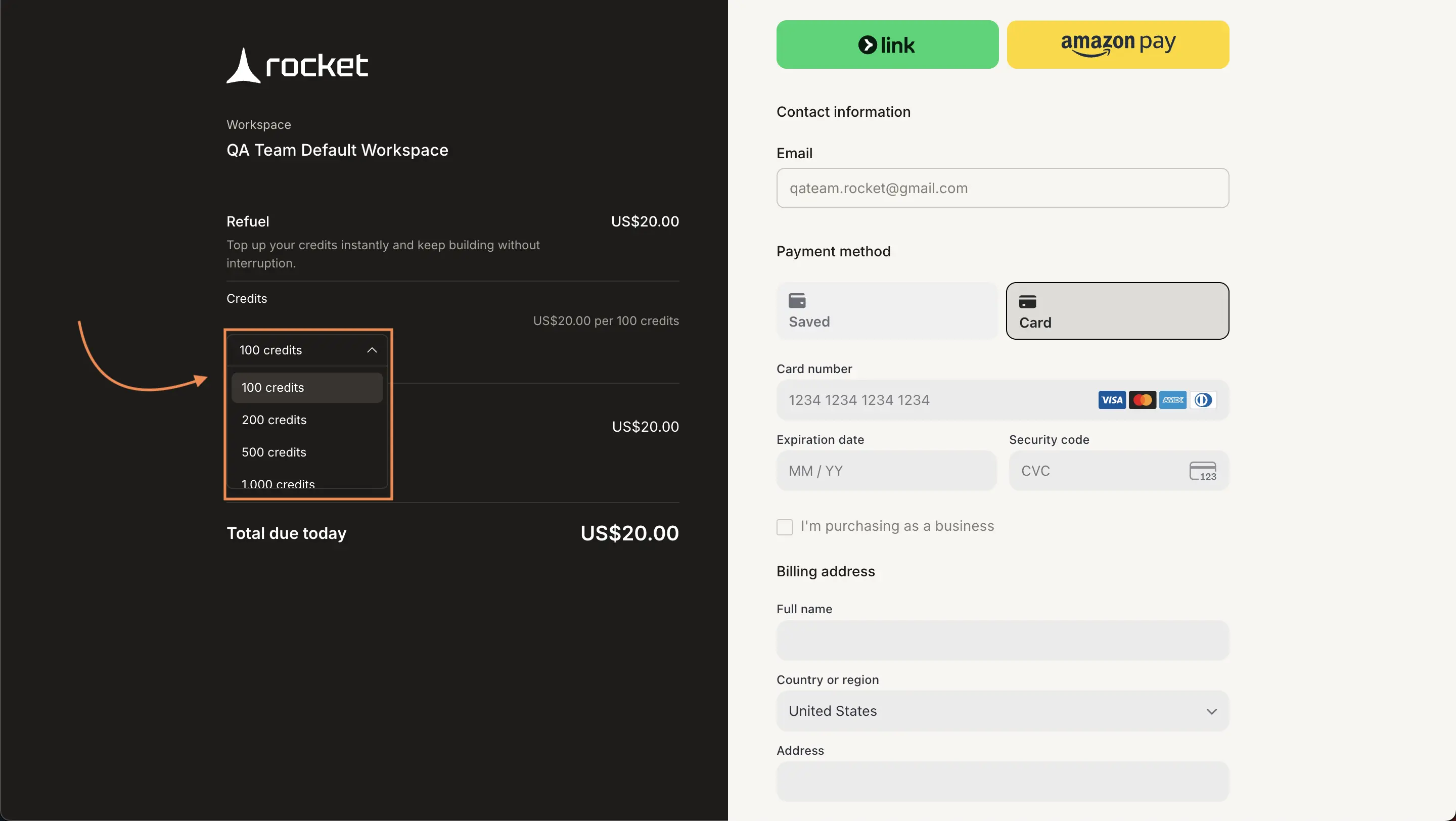 Stripe checkout showing credit pack quantity selector.