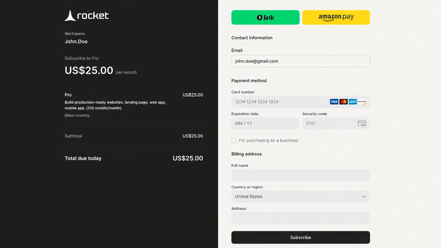Stripe checkout screen for subscribing to the Pro plan.