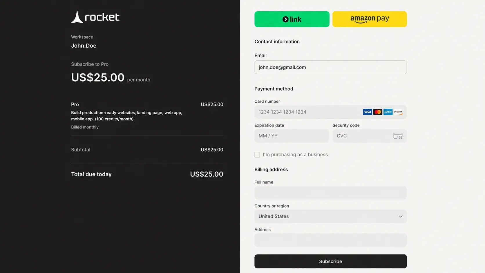 Stripe checkout screen for subscribing to the Pro plan.