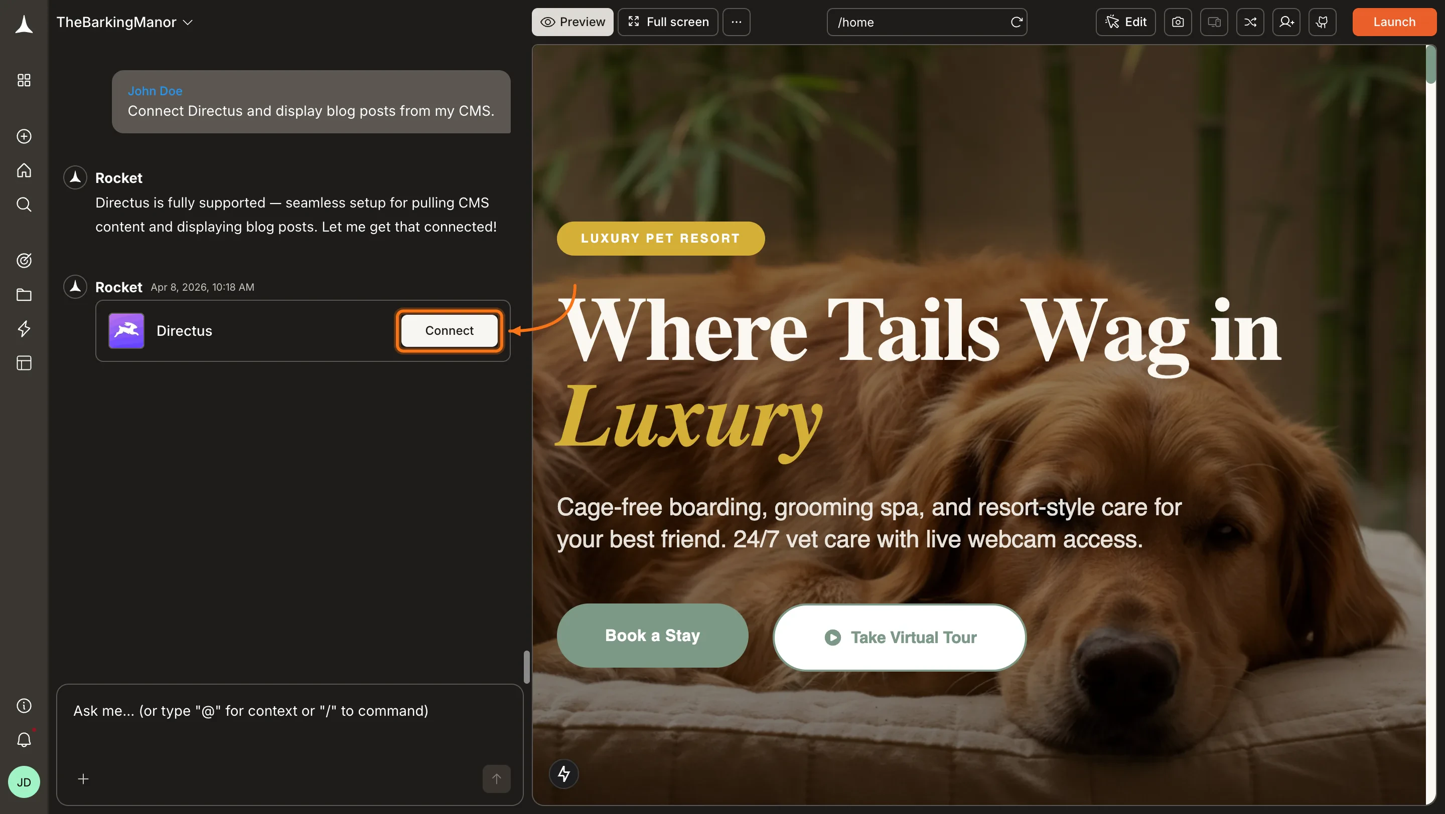 Rocket chat panel showing a Connect prompt for Directus.