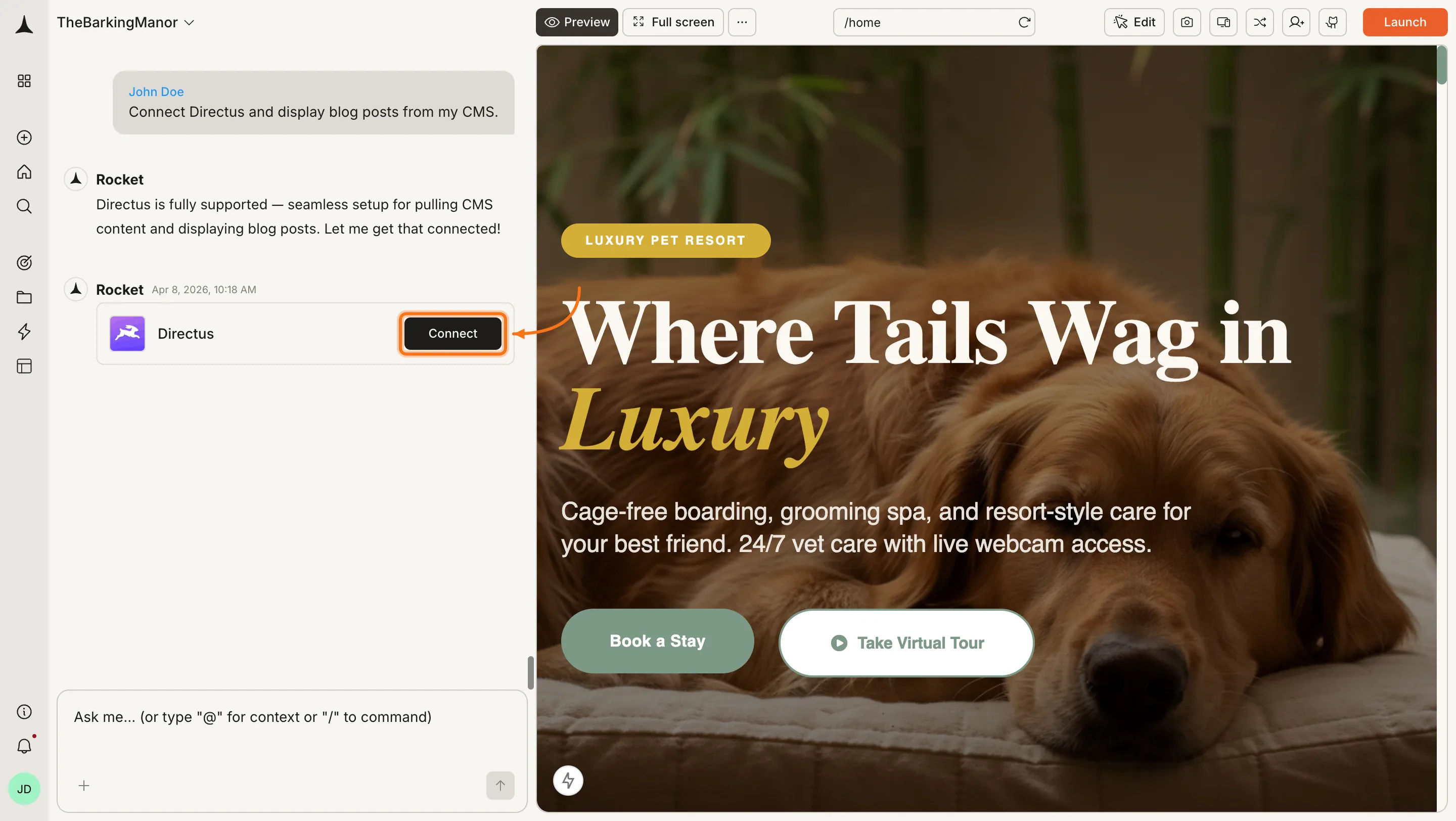 Rocket chat panel showing a Connect prompt for Directus.