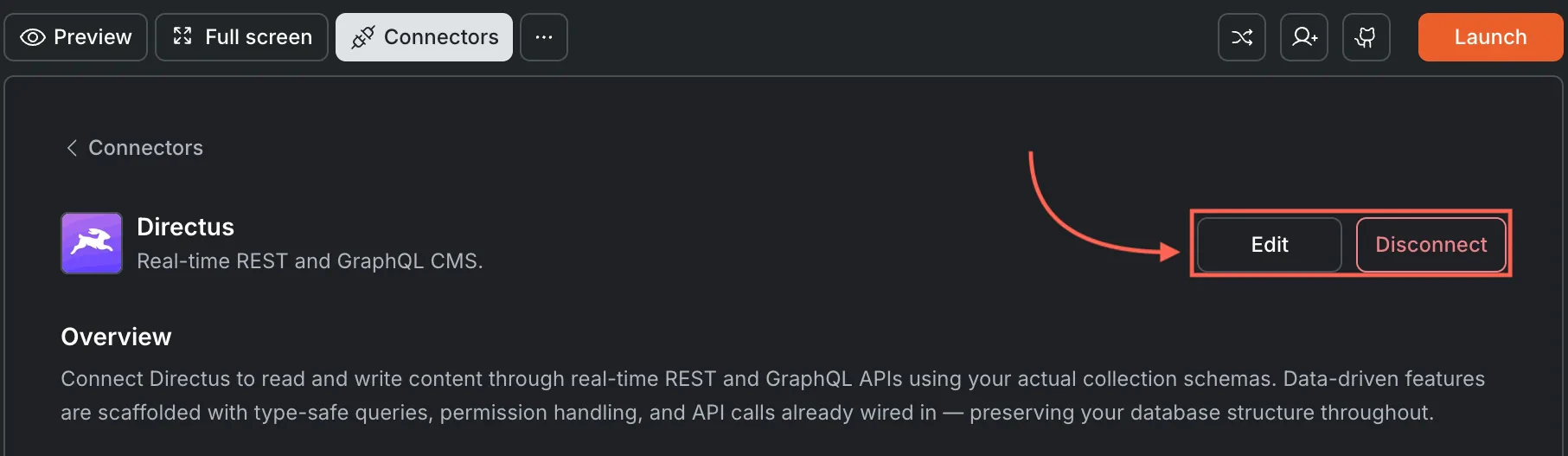 Directus card in edit state showing Disconnect option.