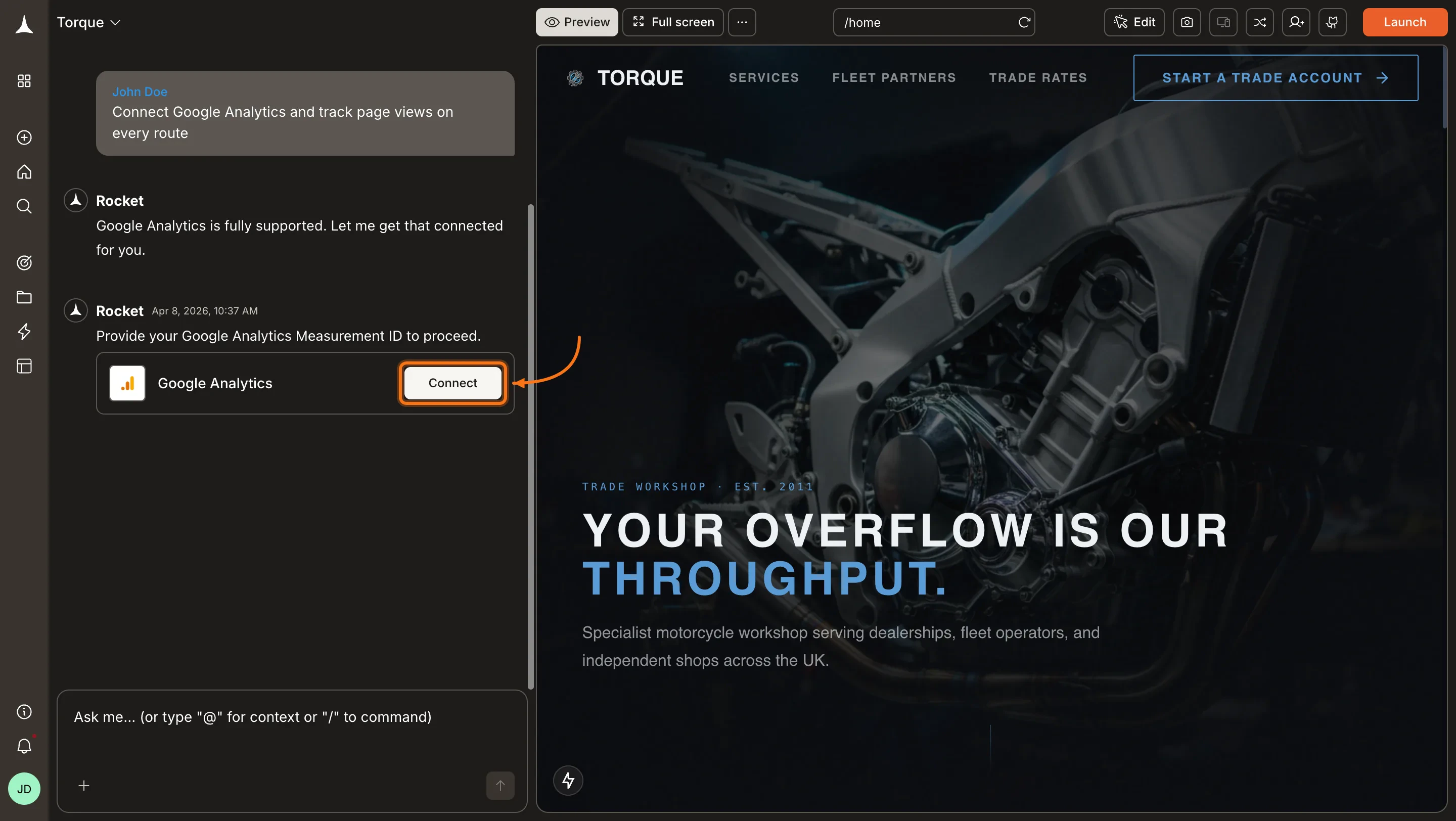 Rocket chat panel showing a Connect prompt for Google Analytics.