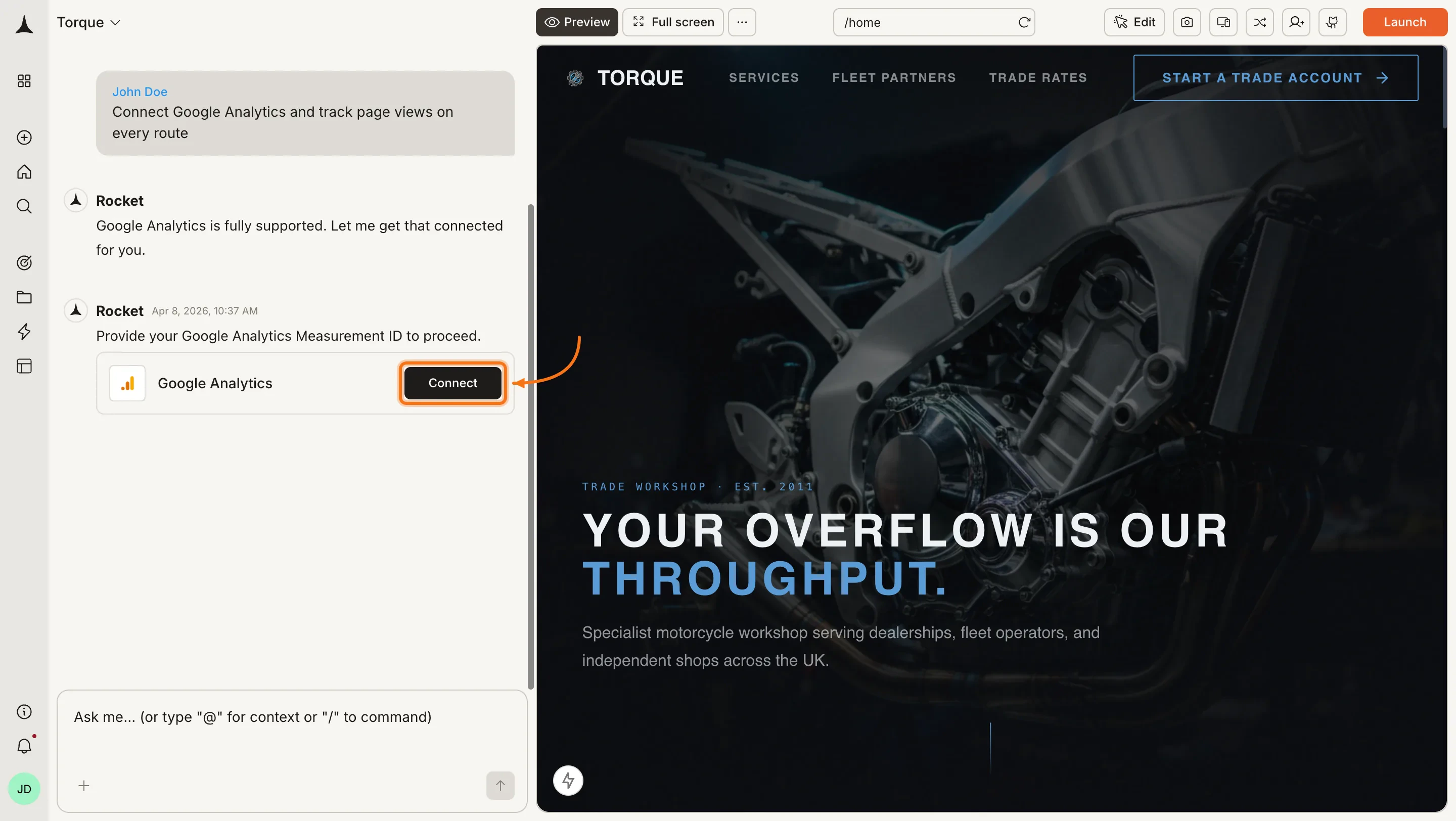 Rocket chat panel showing a Connect prompt for Google Analytics.