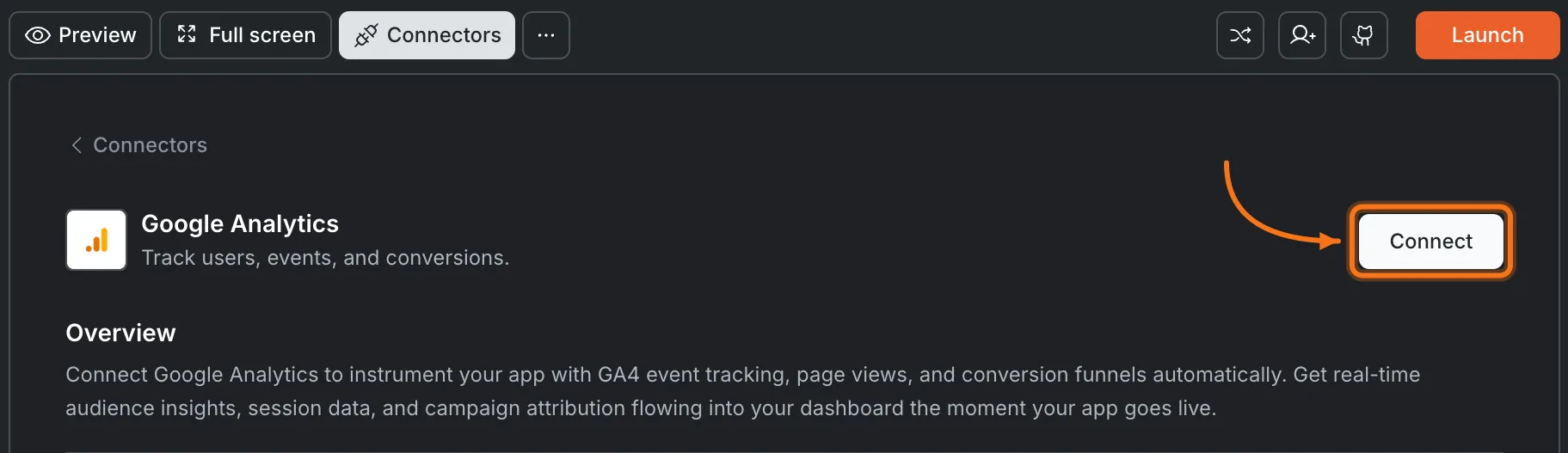 Connectors panel showing the Google Analytics card with a Connect button.