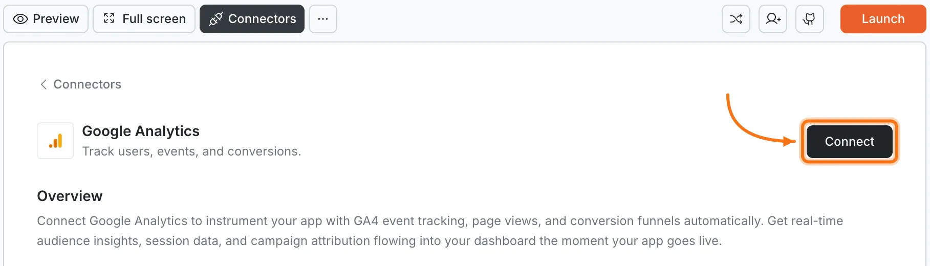 Connectors panel showing the Google Analytics card with a Connect button.