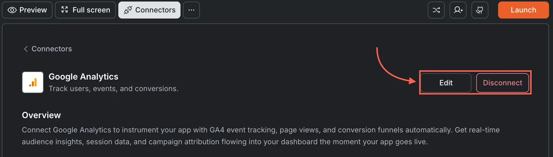 Google Analytics card showing Edit and Disconnect buttons.