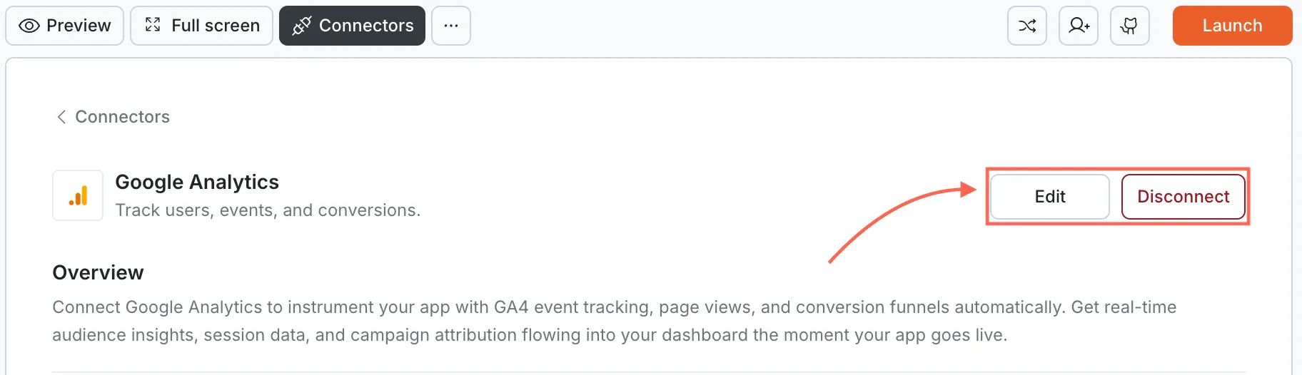 Google Analytics card showing Edit and Disconnect buttons.