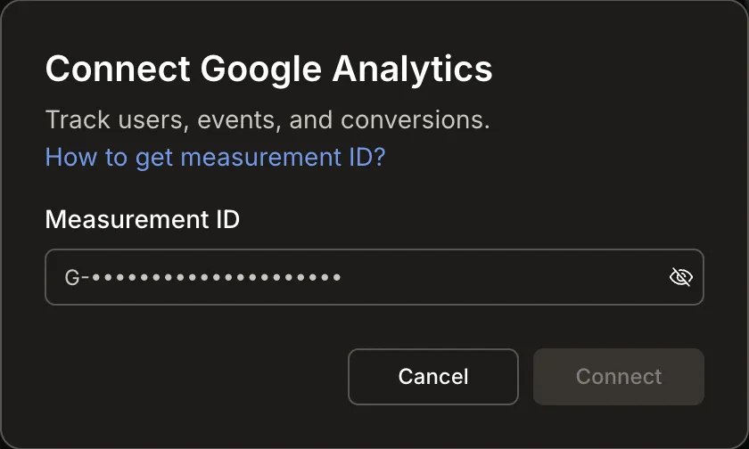 Connect Google Analytics popup with Measurement ID field.
