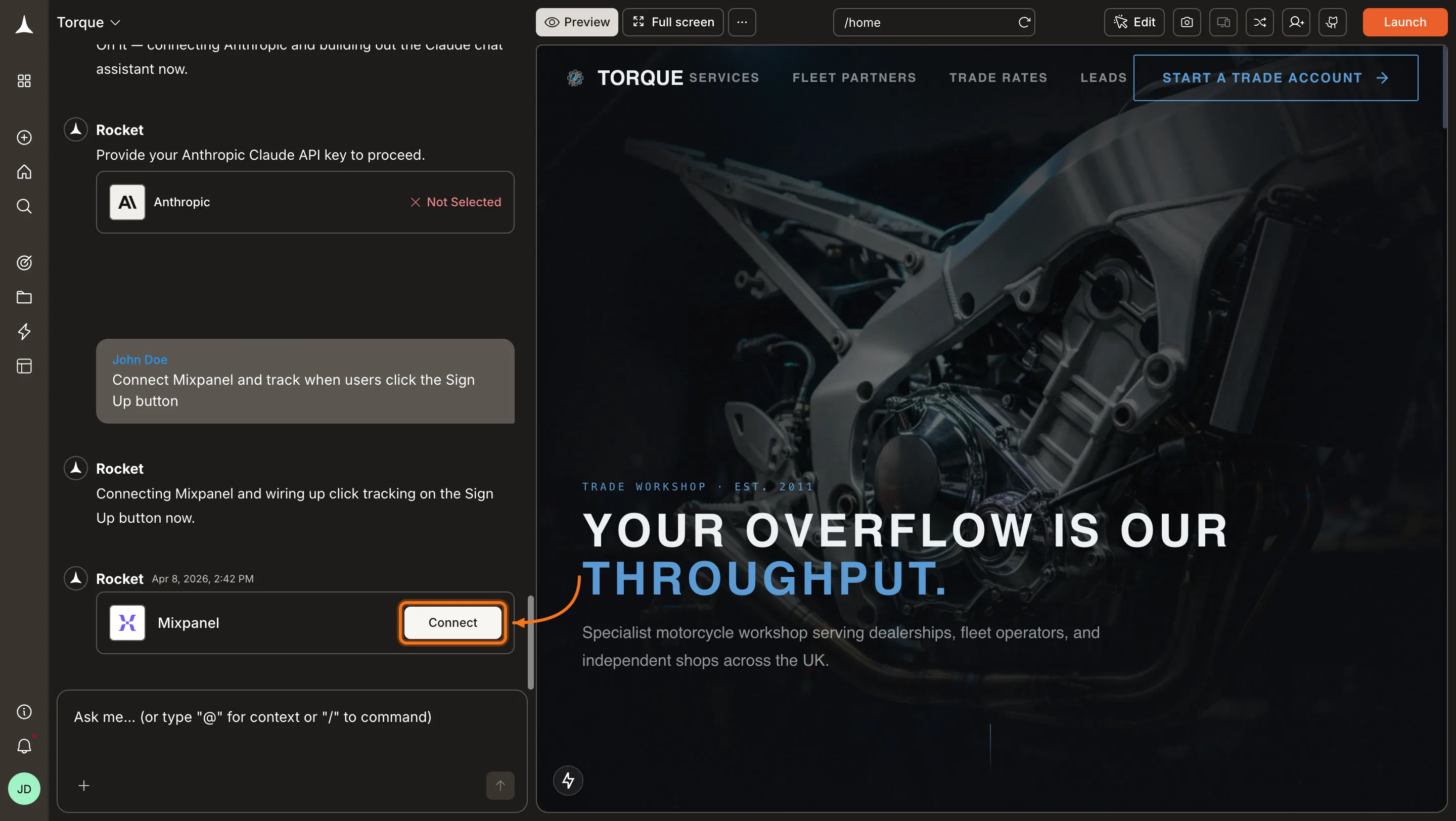 Rocket chat panel showing a Connect prompt for Mixpanel.