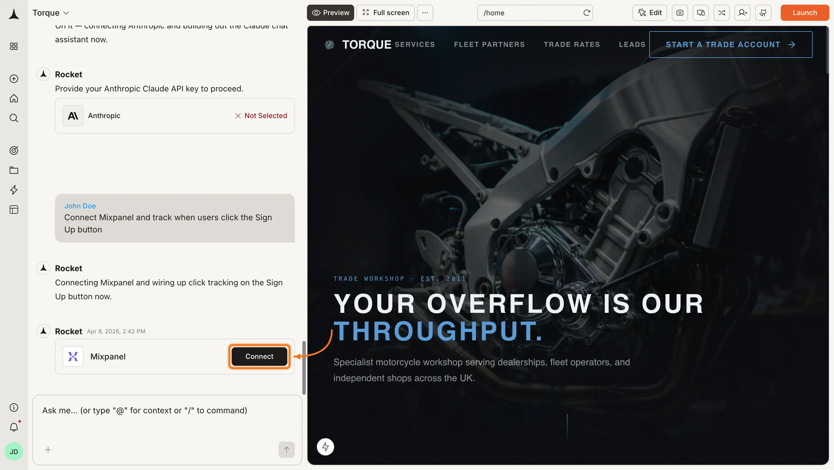 Rocket chat panel showing a Connect prompt for Mixpanel.