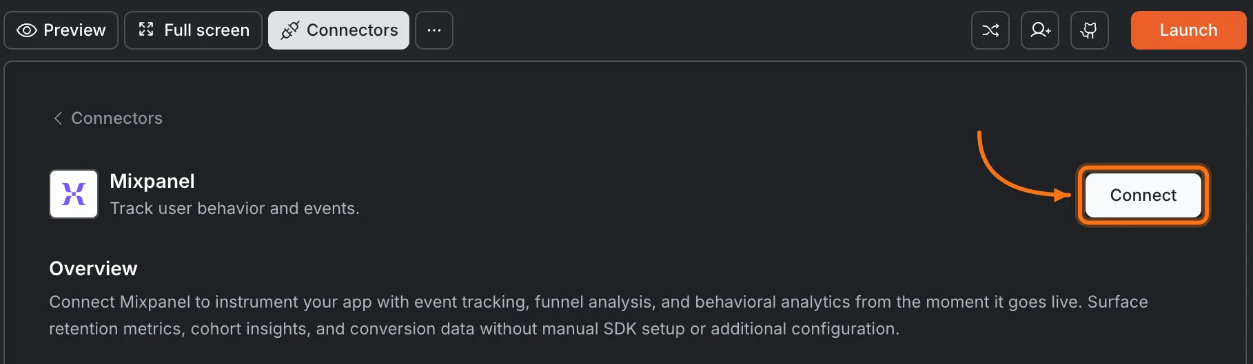 Connectors panel showing the Mixpanel card with a Connect button.