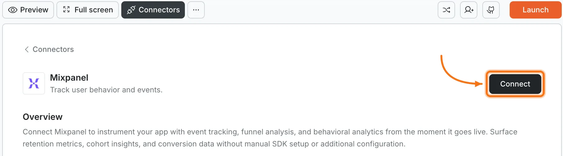 Connectors panel showing the Mixpanel card with a Connect button.