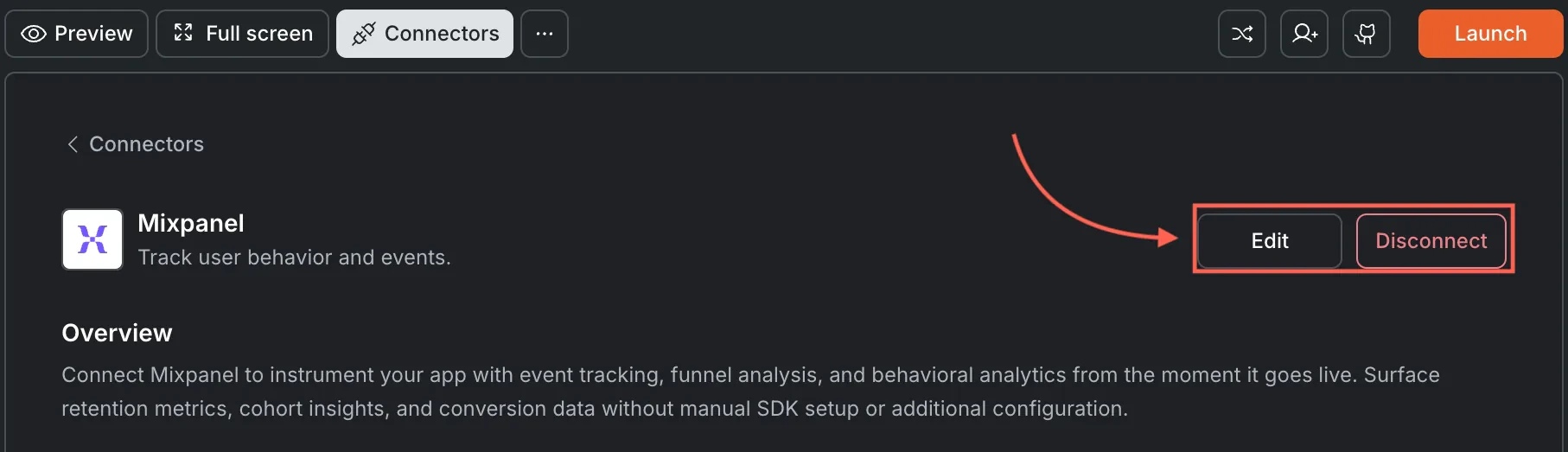 Mixpanel card showing Edit and Disconnect buttons.