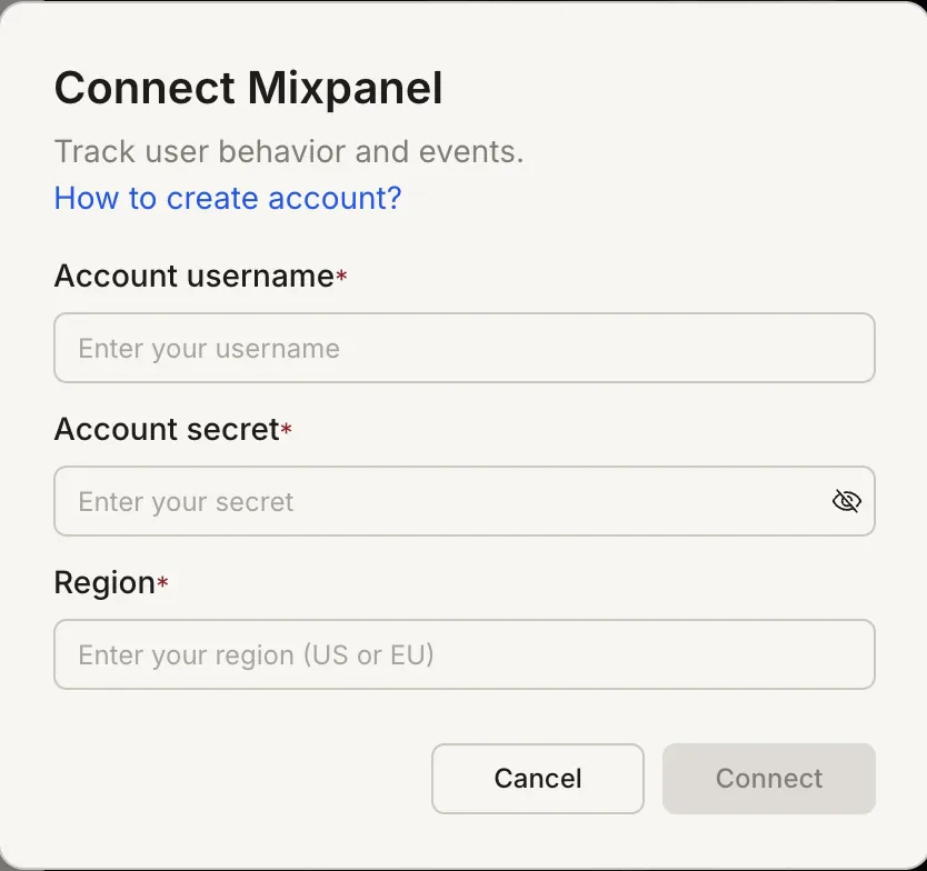 Connect Mixpanel popup with Account username, Account secret, and Region fields.