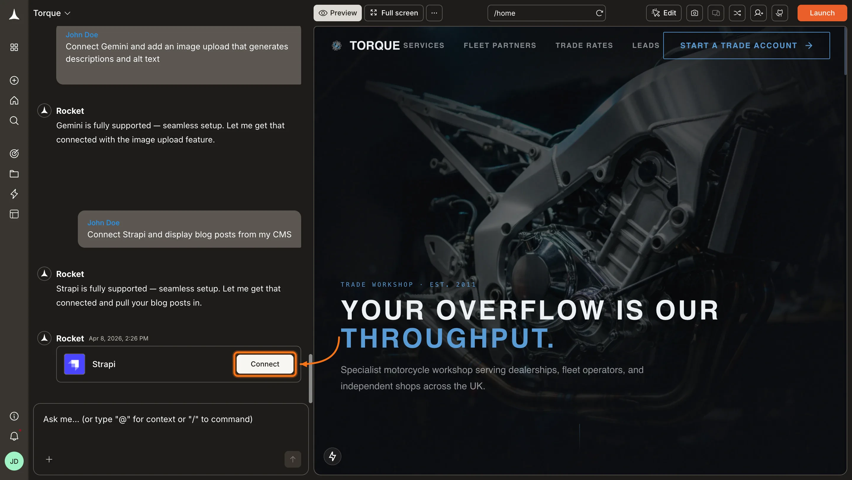 Rocket chat panel showing a Connect prompt for Strapi.