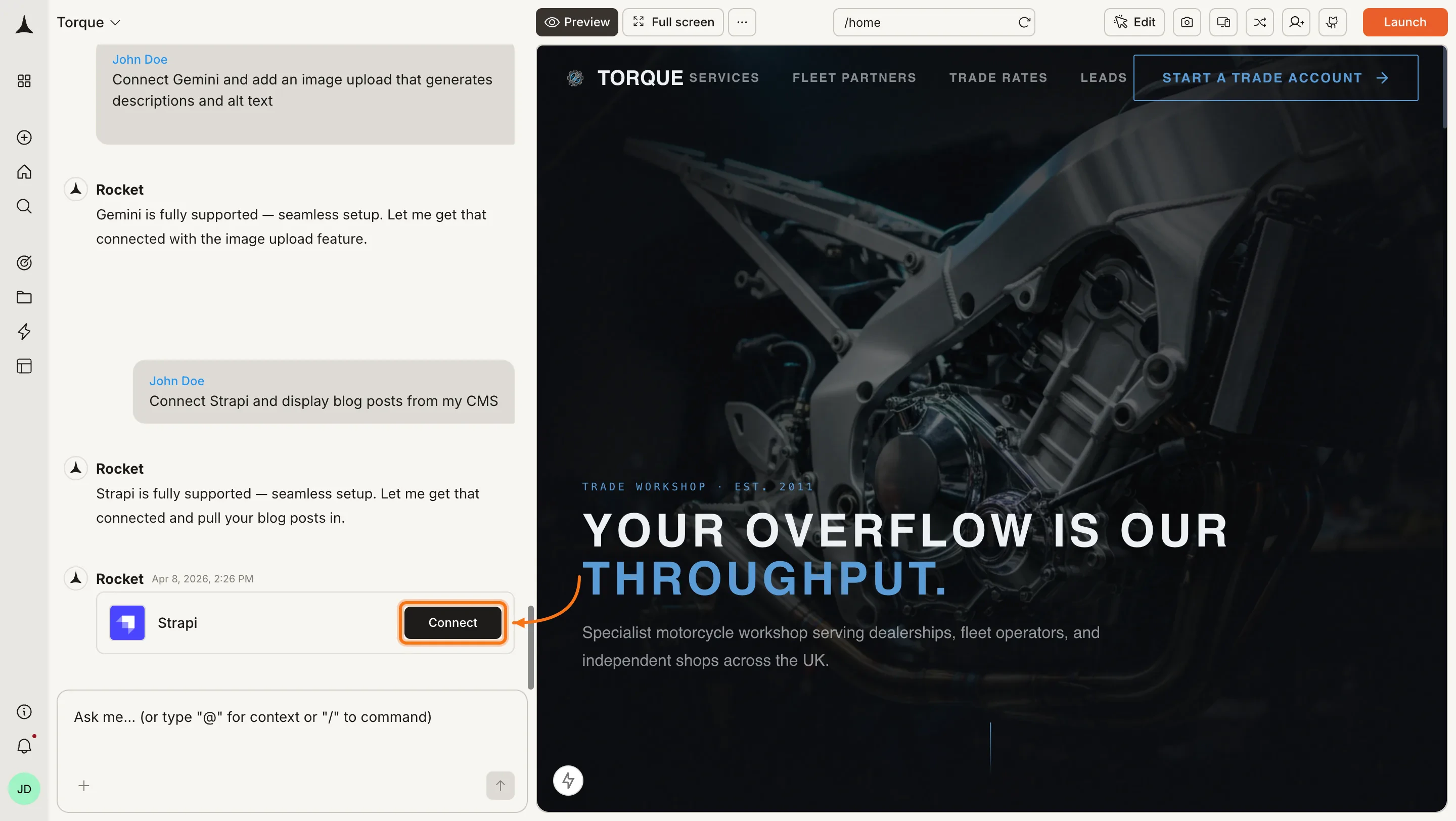 Rocket chat panel showing a Connect prompt for Strapi.