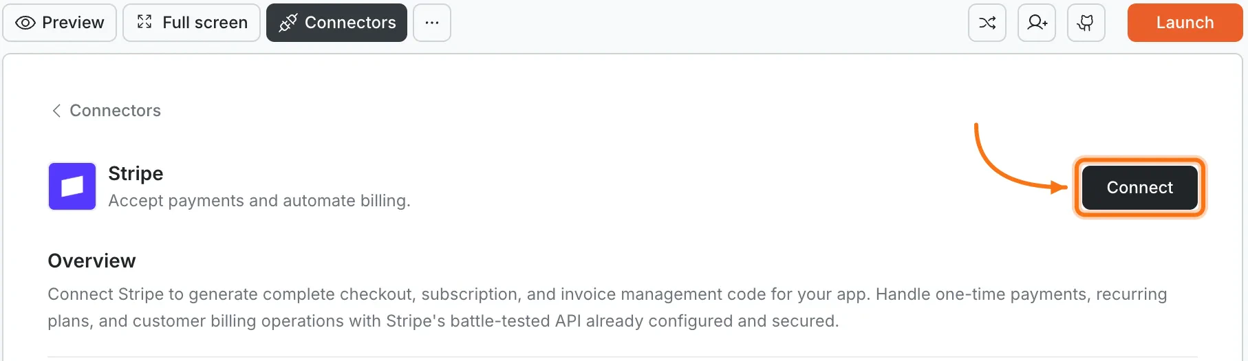 Connectors panel showing the Strapi card with a Connect button.