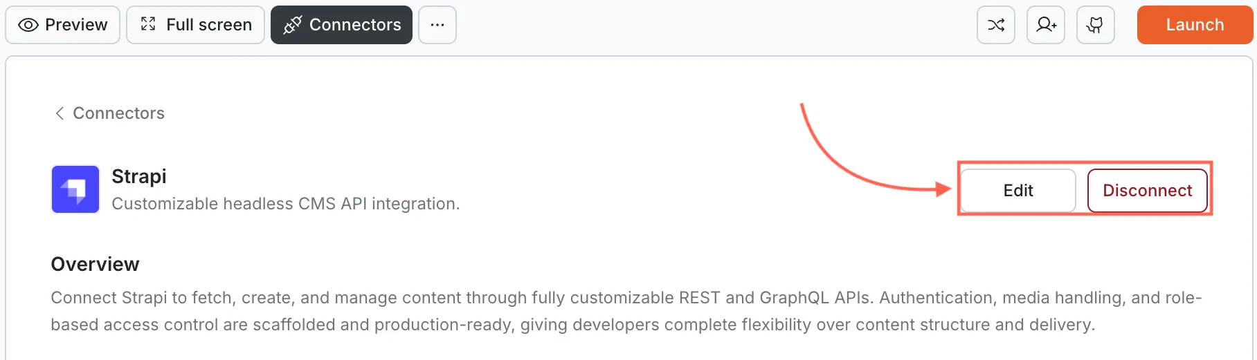 Strapi card showing Edit and Disconnect buttons.