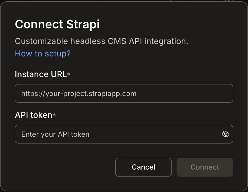 Connect Strapi popup with Instance URL and API token fields.