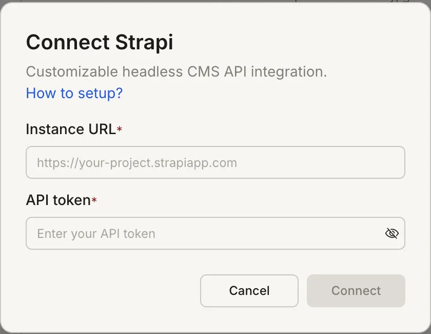 Connect Strapi popup with Instance URL and API token fields.