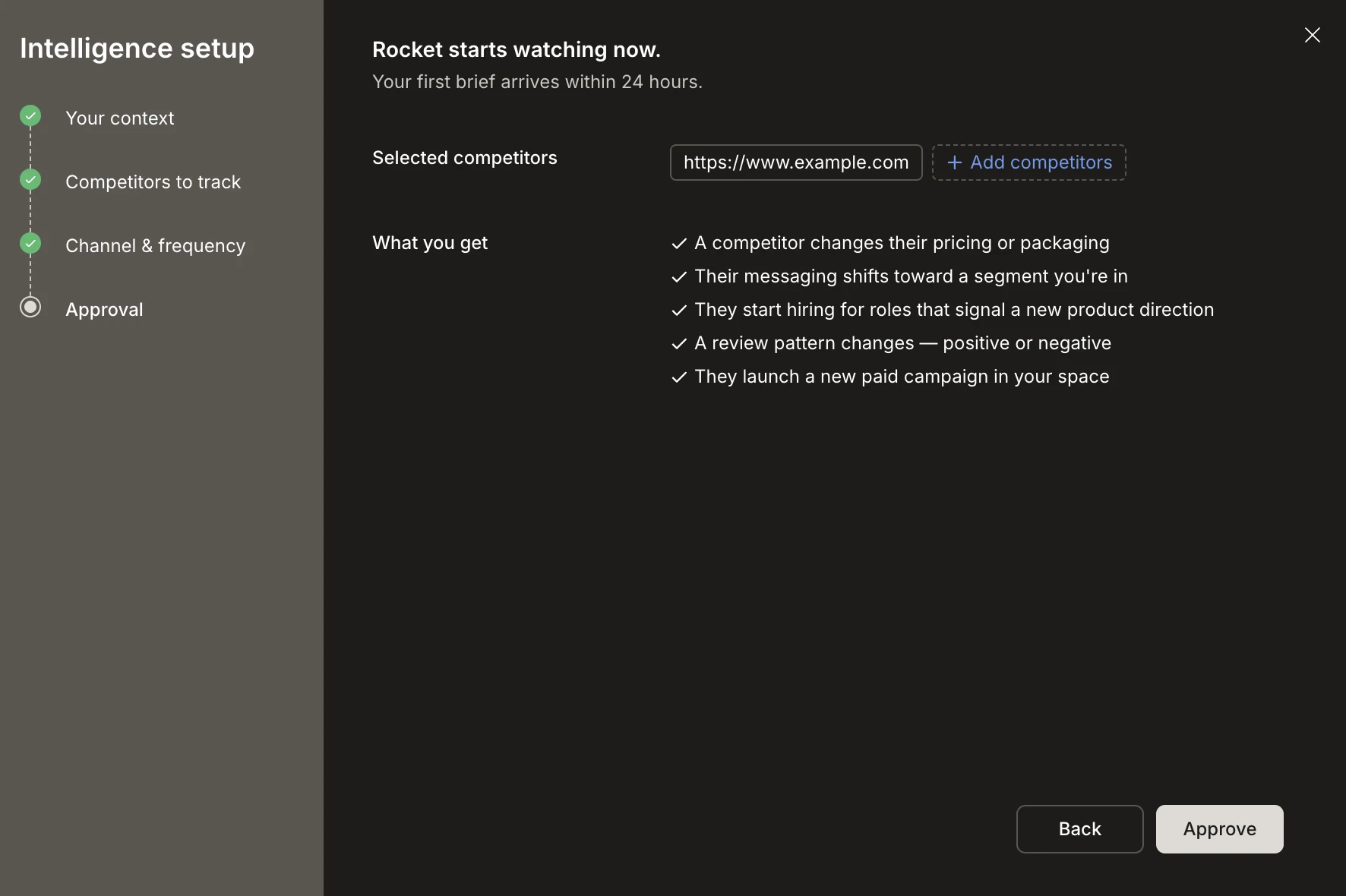 Approval step showing selected competitors and What you get summary