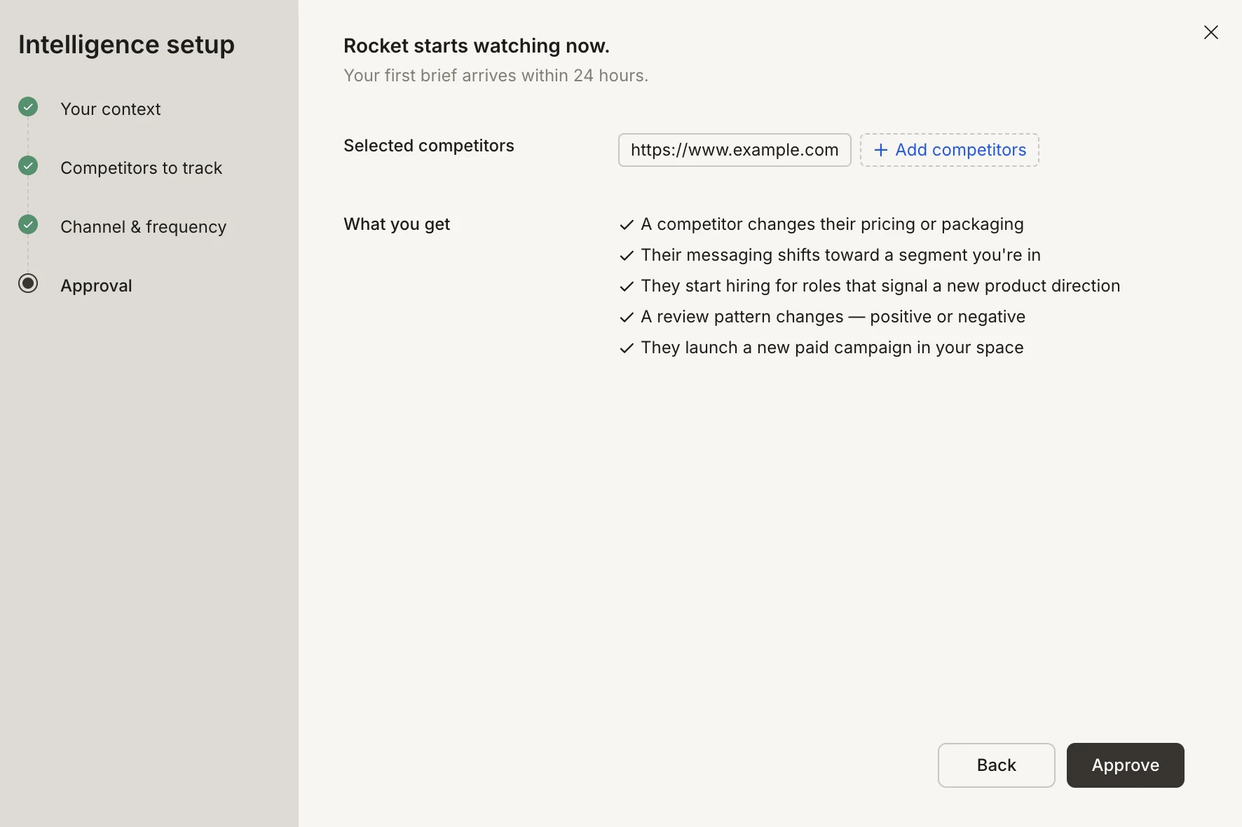 Approval step showing selected competitors and What you get summary