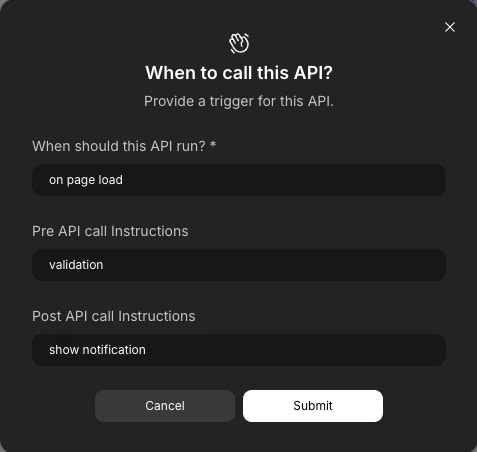 Modal showing trigger options for API calls.