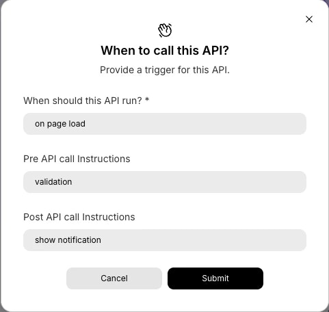 Modal showing trigger options for API calls.
