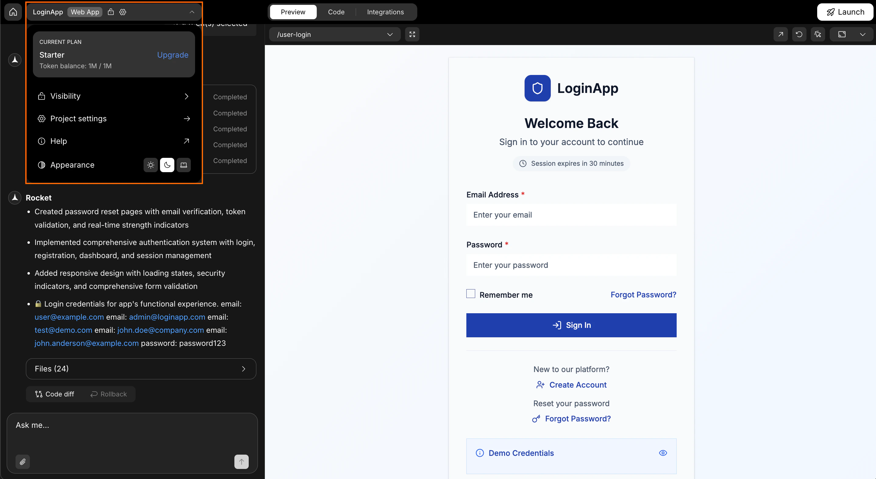 Rocket chat interface with messages and output preview.