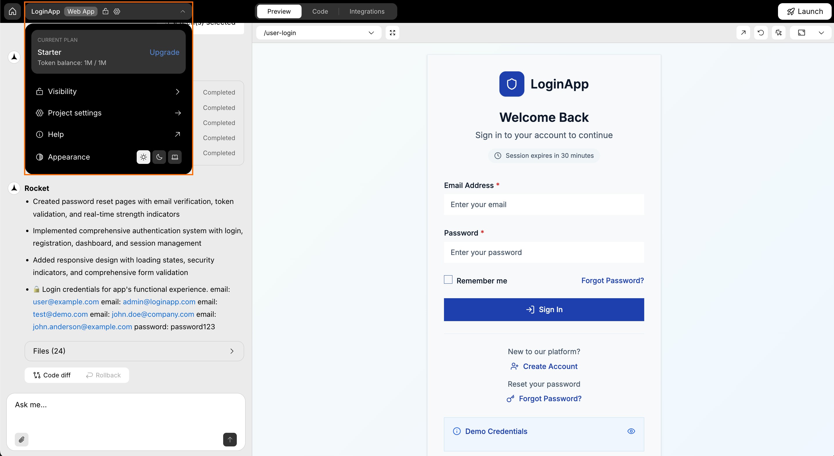 Rocket chat interface with messages and output preview.