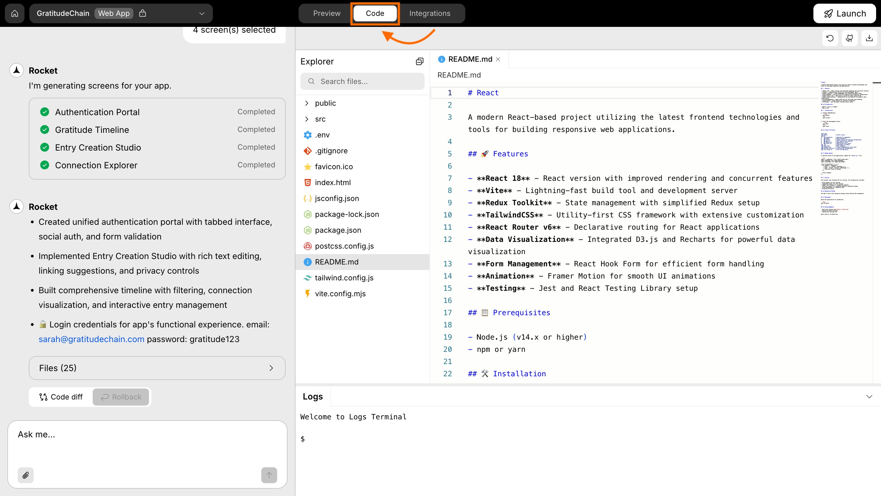 Rocket code editor with file explorer and output panel visible.