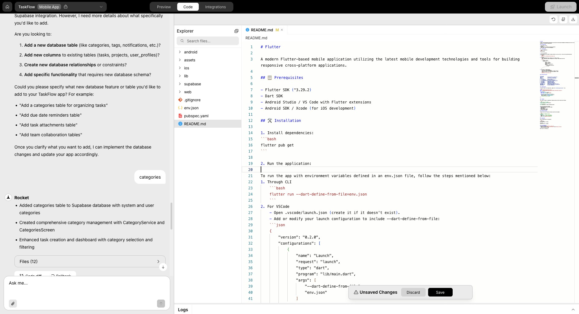 Rocket editor with unsaved changes and save/discard options.