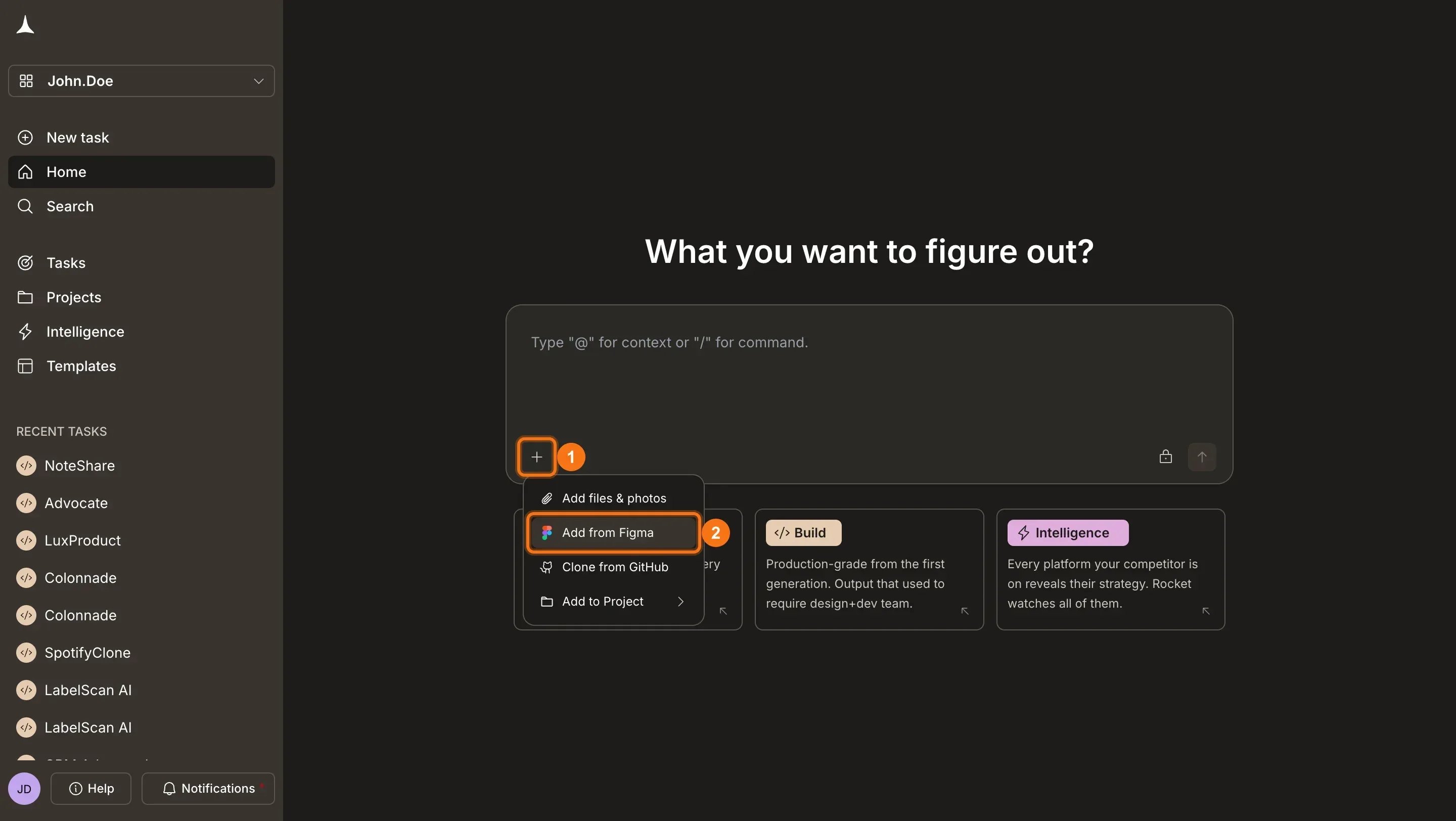 The + button menu open with Add from Figma highlighted.