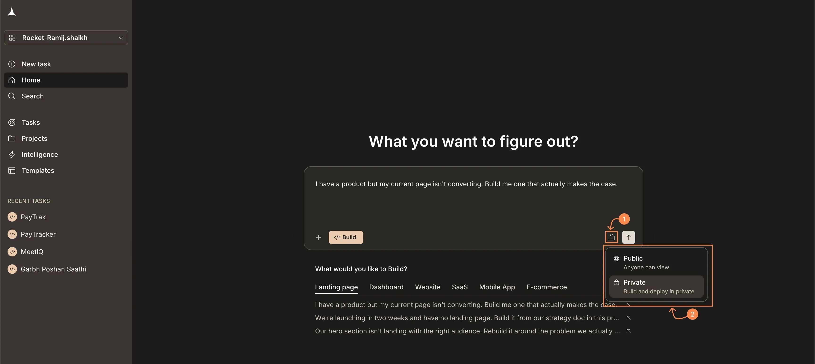 Home screen input with the visibility dropdown open, showing Public and Private options with descriptions.