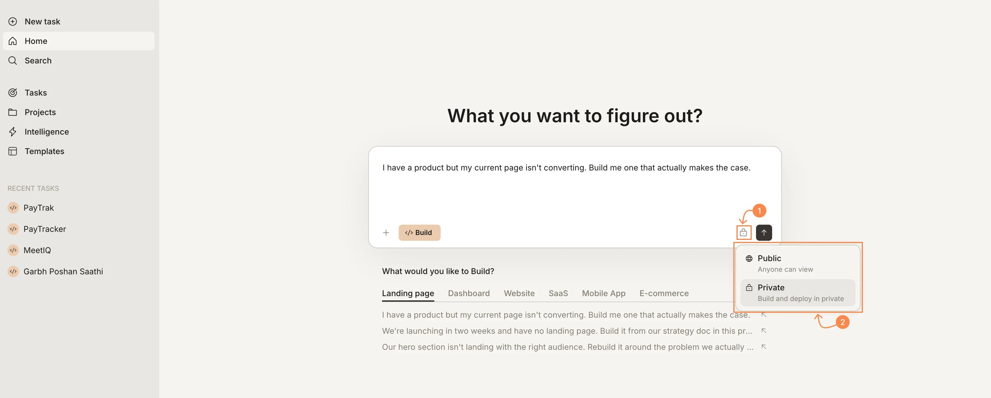 Home screen input with the visibility dropdown open, showing Public and Private options with descriptions.